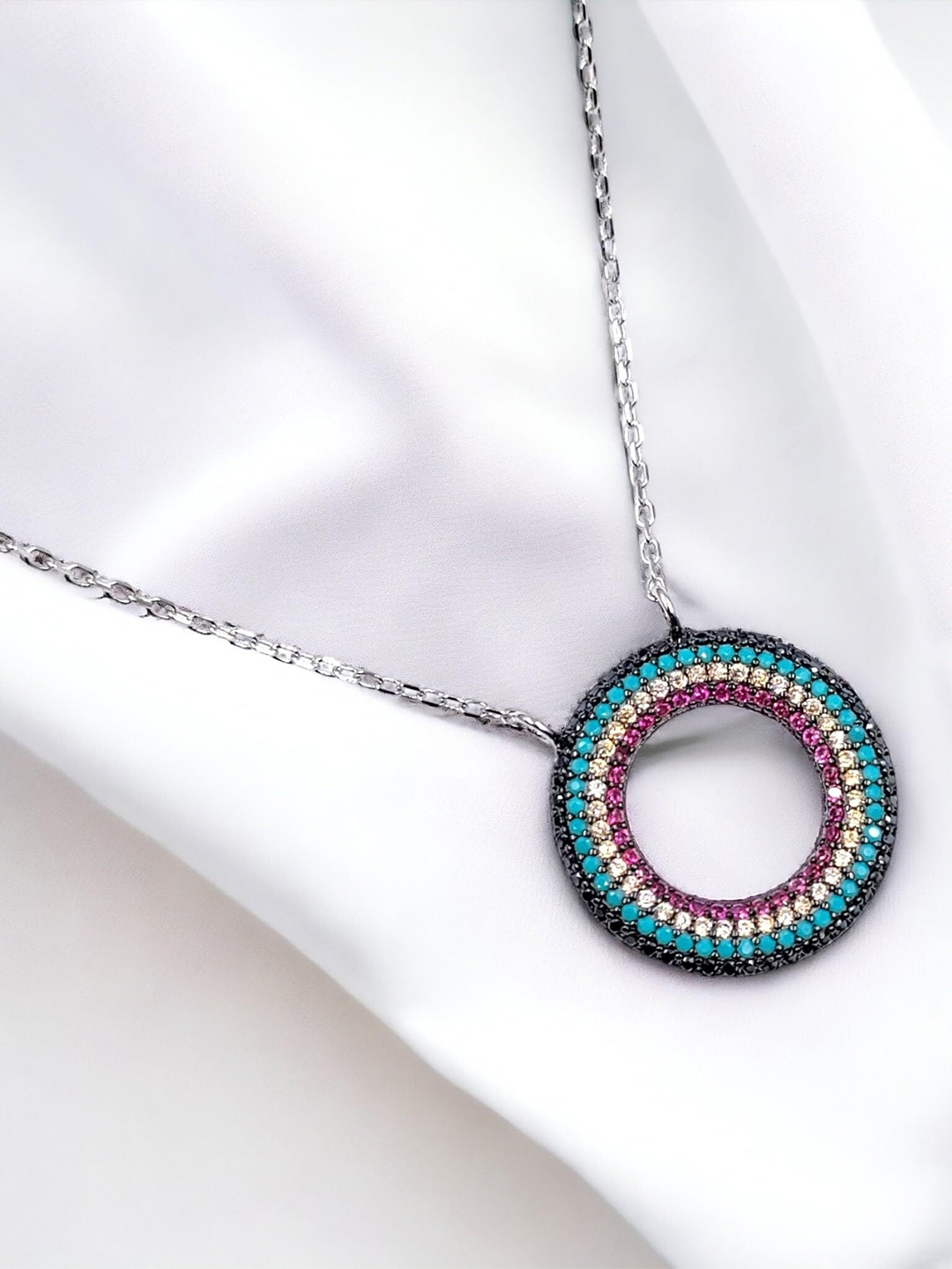 

AMONROO 925 Sterling Silver Rhodium-Plated CZ Studded Big Circle Pendant Chain