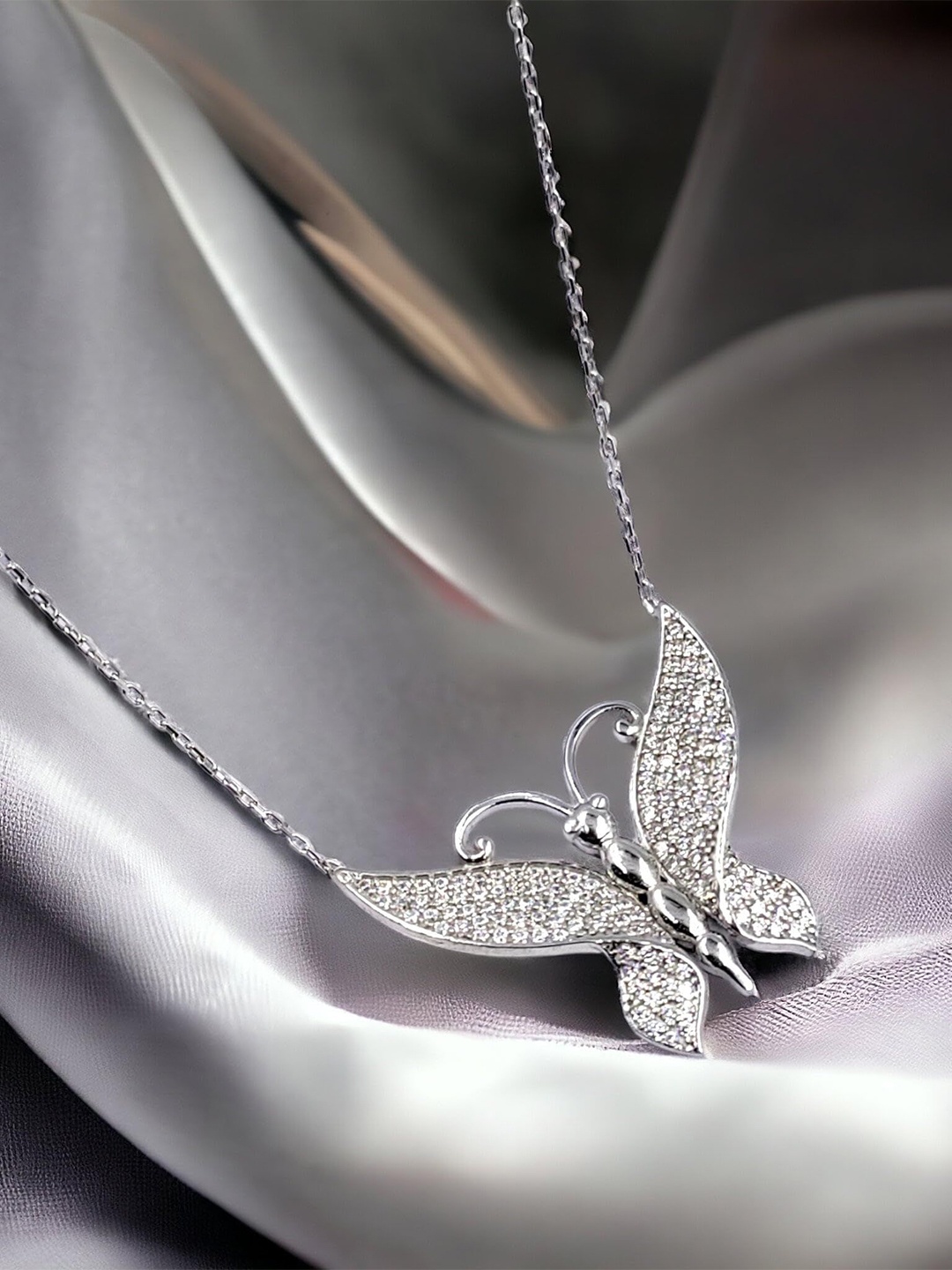 

AMONROO 925 Sterling Silver Rhodium-Plated CZ Studded Butterfly Pendant Chain