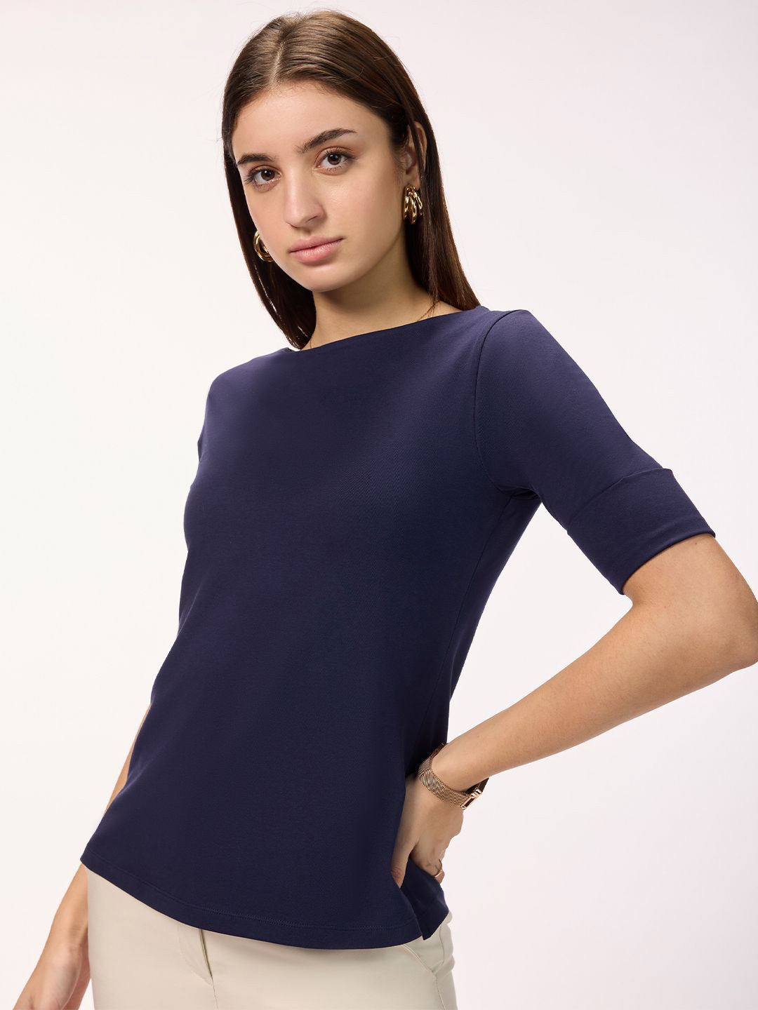 

Bombay High Women Boat Neck Cotton Regular Top, Blue