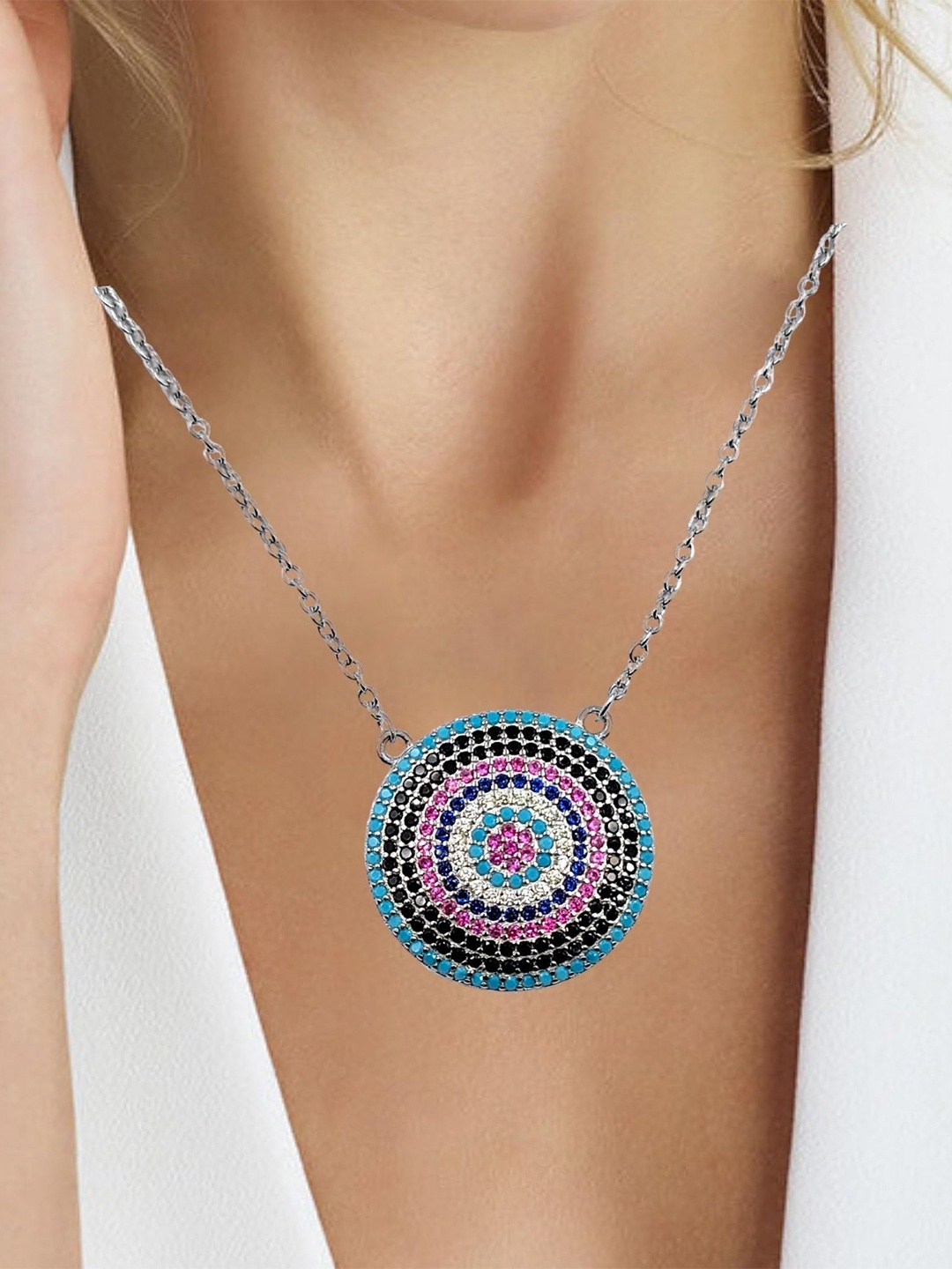 

AMONROO 925 Sterling Silver Rhodium-Plated CZ Studded Evil Eye Pendant Chain
