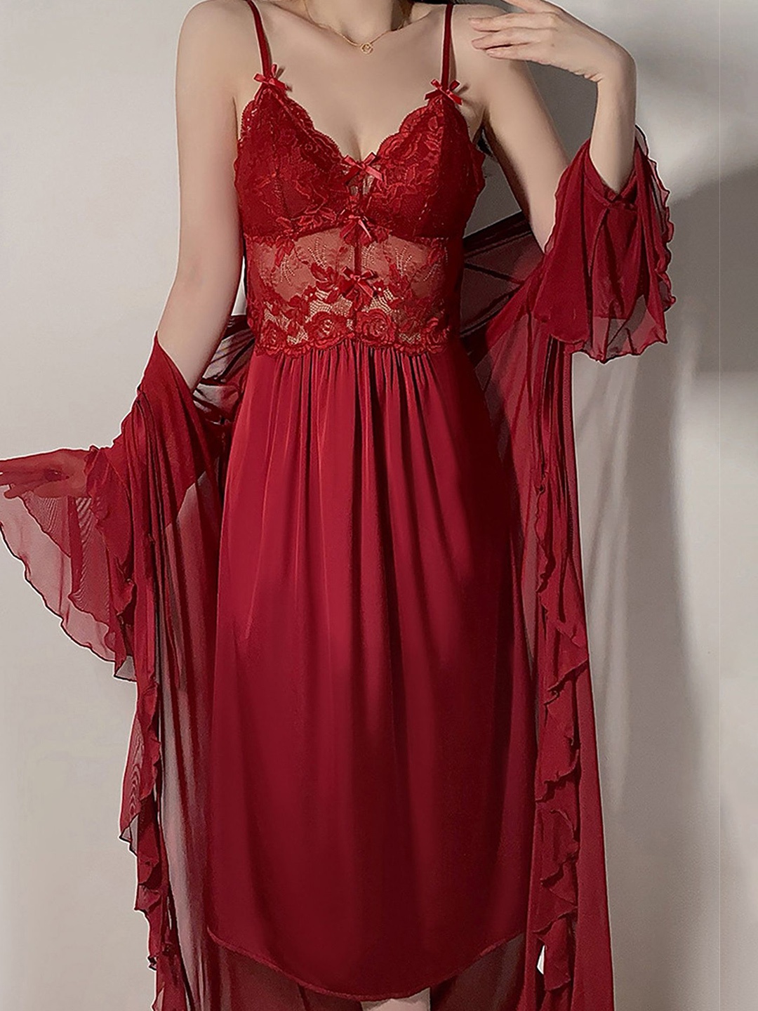 

LULU & SKY Women Lace Tie-up Front Nightdress, Red