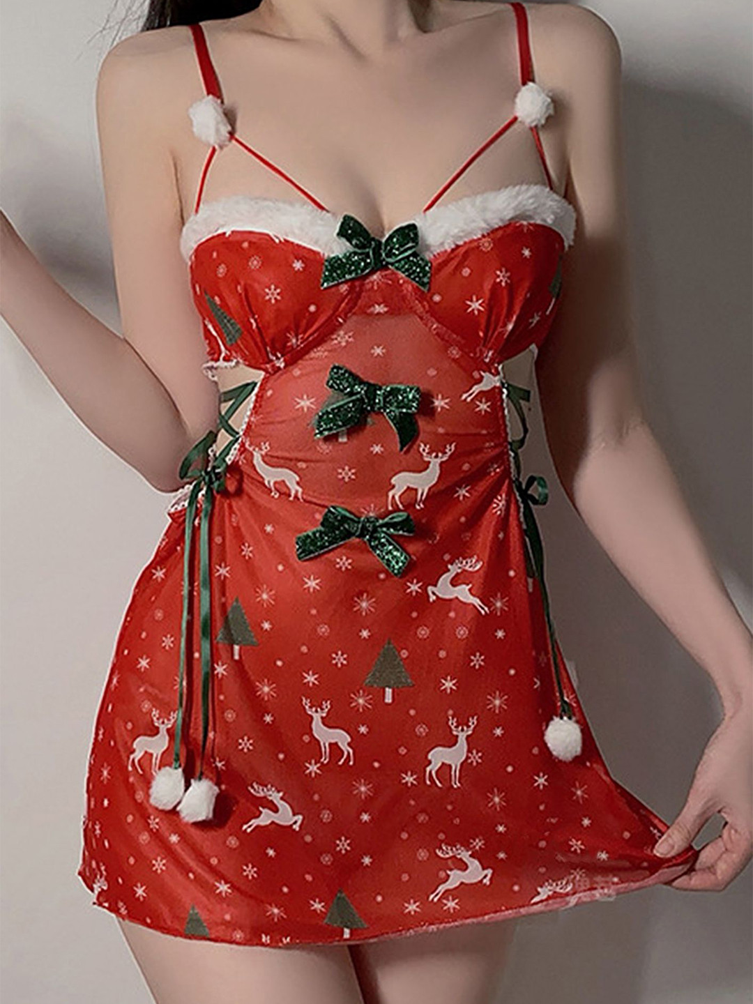 

LULU & SKY Women Printed Shoulder Straps Nightdress With Thong Briefs, Red