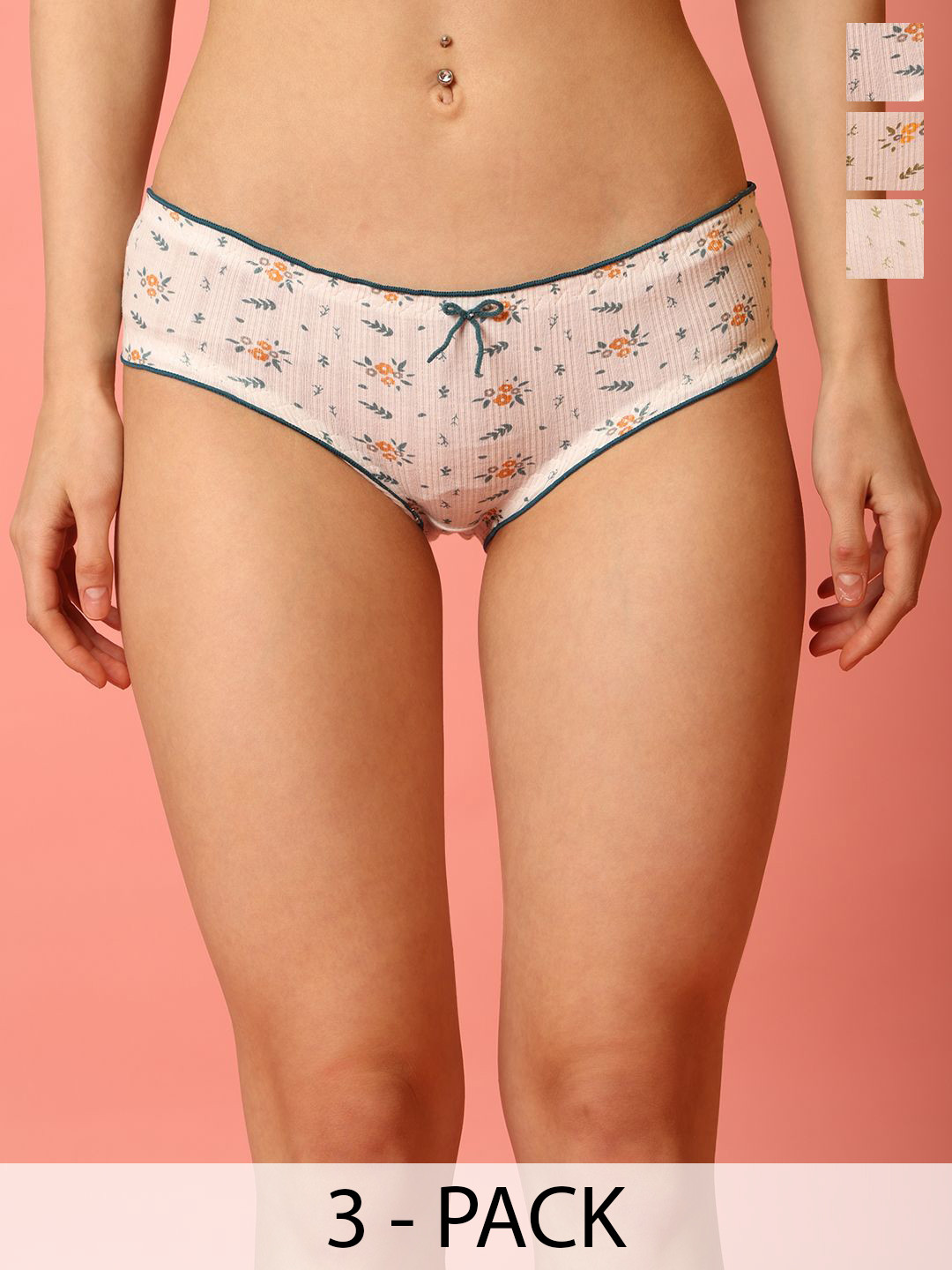 

wincly fashion Pack Of 3 Flower Printed Low-Rise Hipster Briefs, Beige