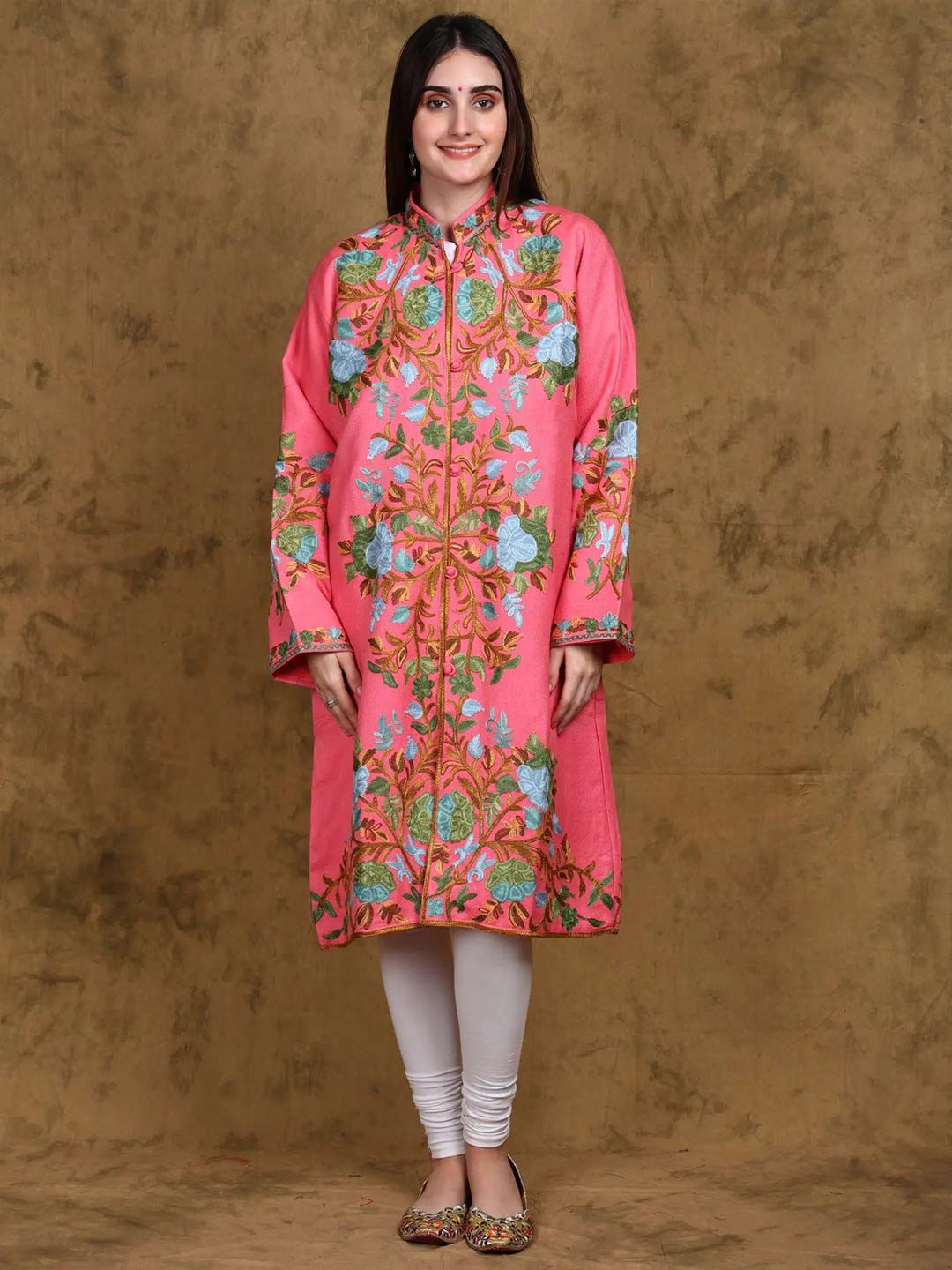 

Exotic India Wool Long Jacket from Kashmir with Multicolor Aari Embroidered Floral Motifs, Pink