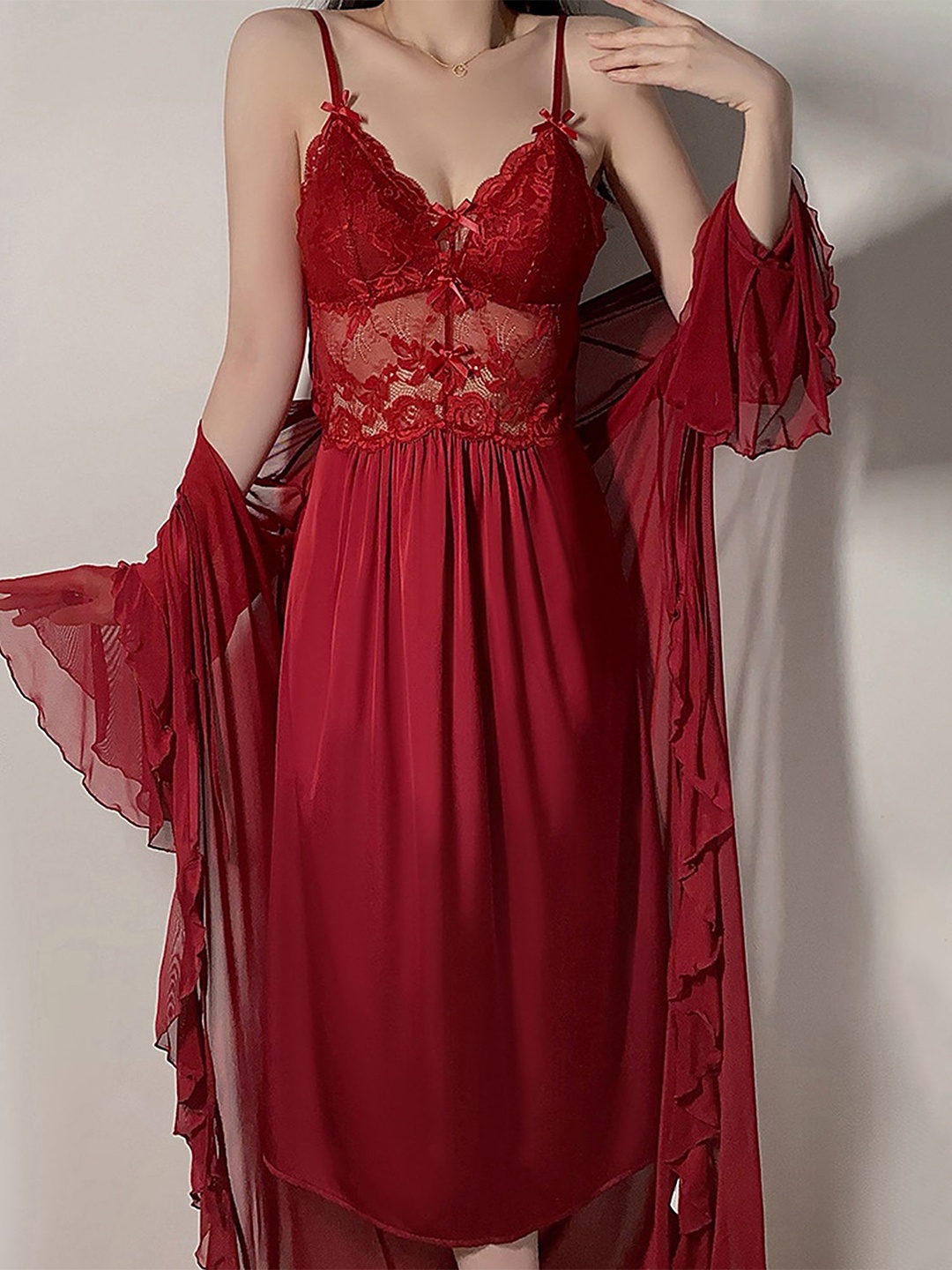 

LULU & SKY Women Strappy Lace Detail Nightdress, Red