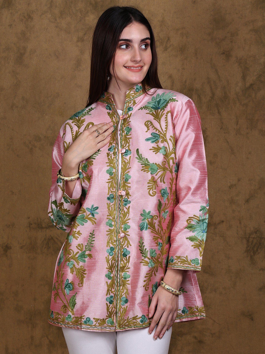 

Exotic India Women Floral Tailored Jacket with Embroidered, Pink