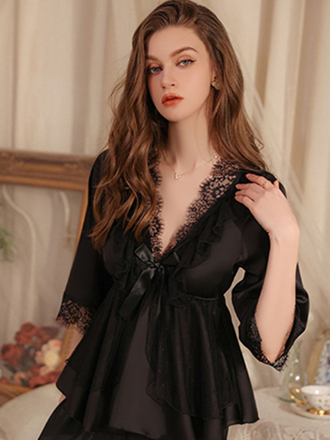 

LULU & SKY Women Lace Detail Top & Pyjamas Night suit, Black
