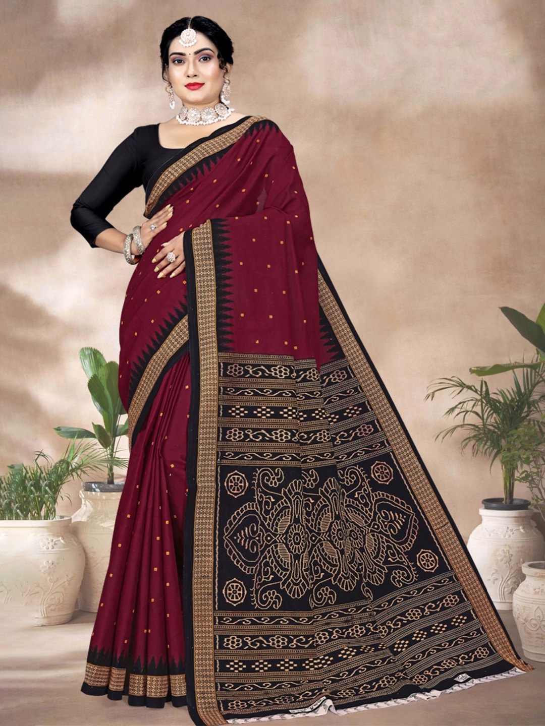 

tulsi Ethnic Motifs Pure Cotton Designer Ikat Saree, Maroon