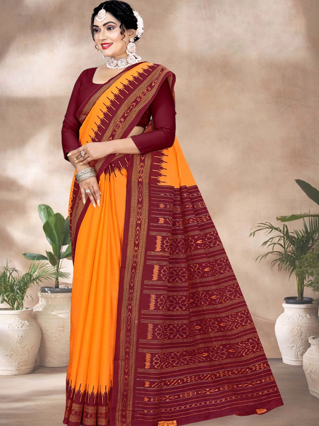 

tulsi Women Ethnic Motifs Pure Cotton Ikat, Orange