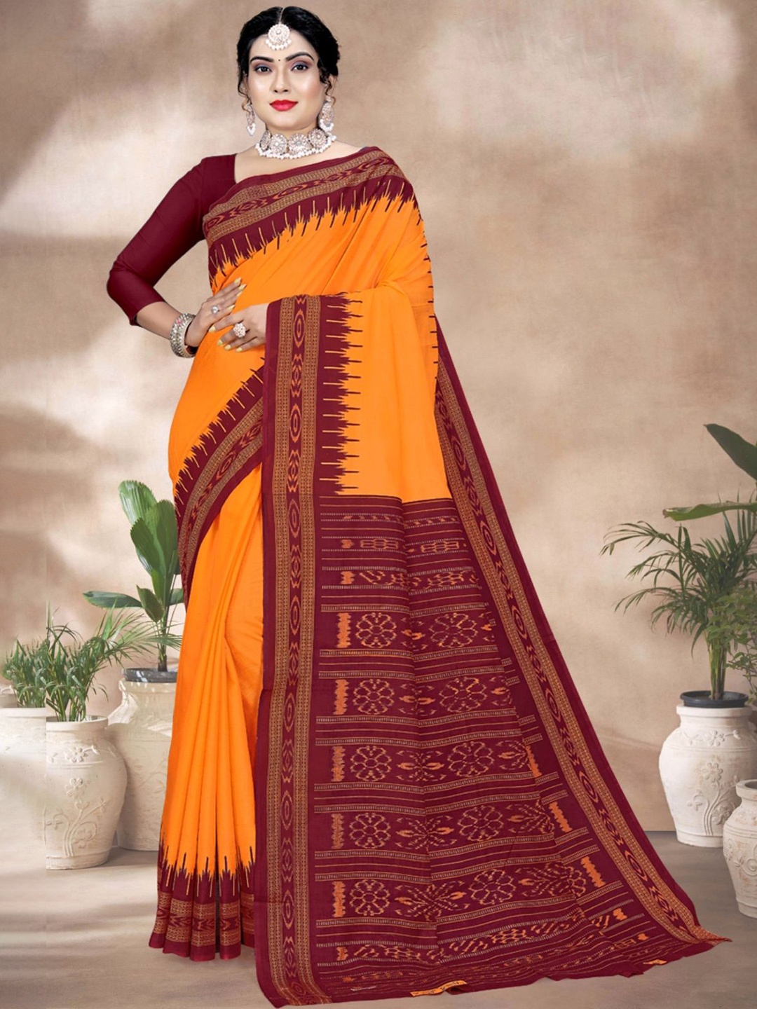 

tulsi Women Pure Cotton Ikat Saree With Blouse Piece, Orange