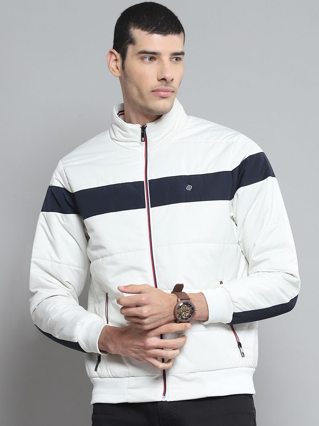 

Cloak & Decker Men Mock Collar Colourblocked Casual Padded Lightweight Jacket, White