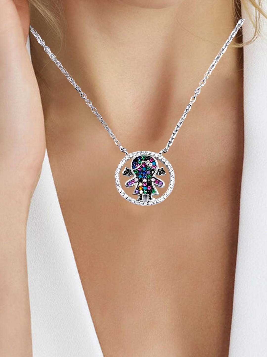 

AMONROO 925 Sterling Silver Rhodium-Plated CZ Studded Doll in the Circle Pendant Chain