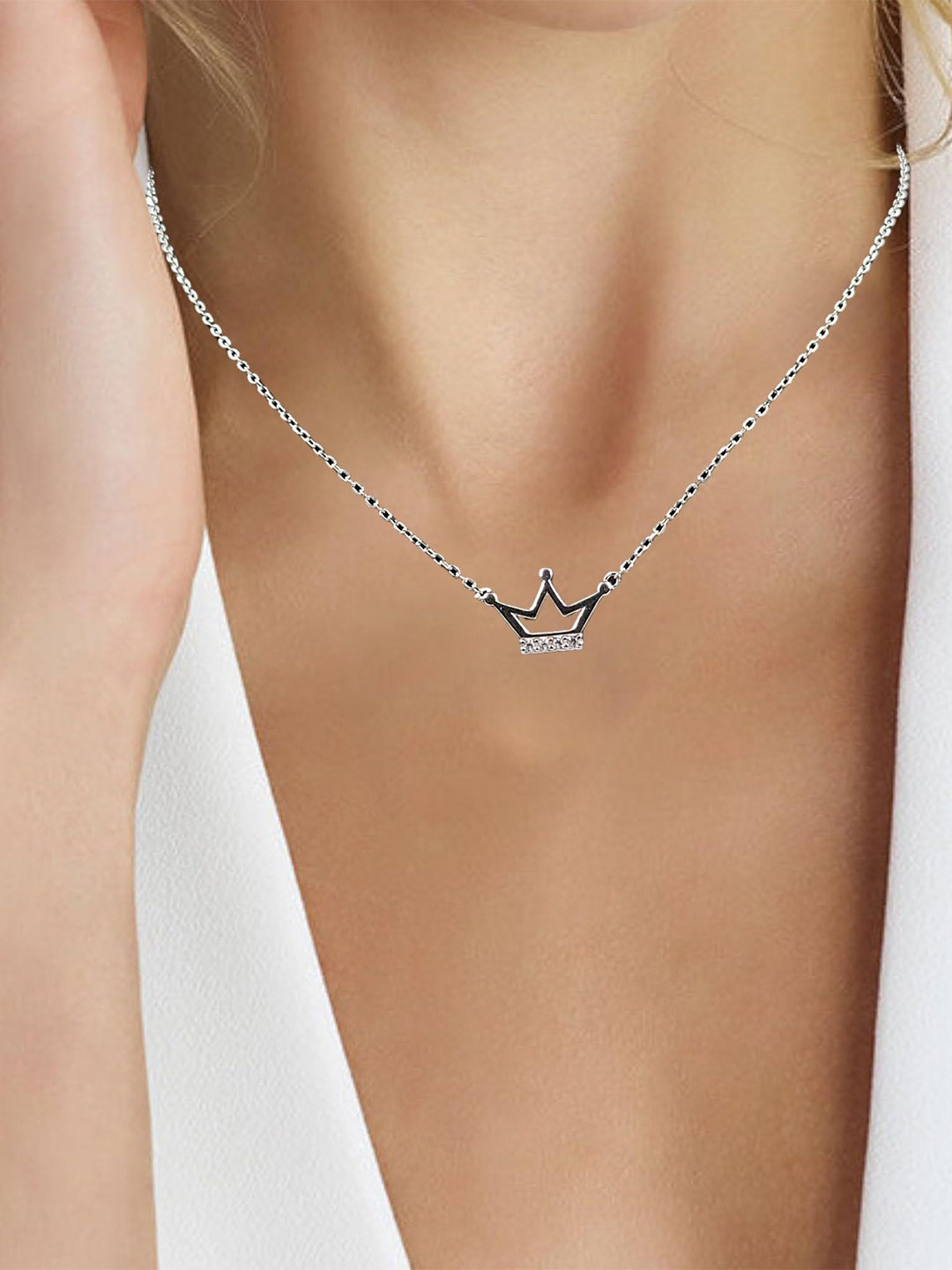 

AMONROO 925 Sterling Silver Rhodium-Plated CZ Studded Crown Shape Pendant Chain