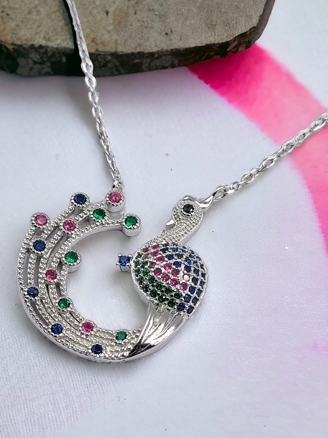 

AMONROO 925 Sterling Silver Rhodium-Plated CZ Studded Peacock Pendant Chain