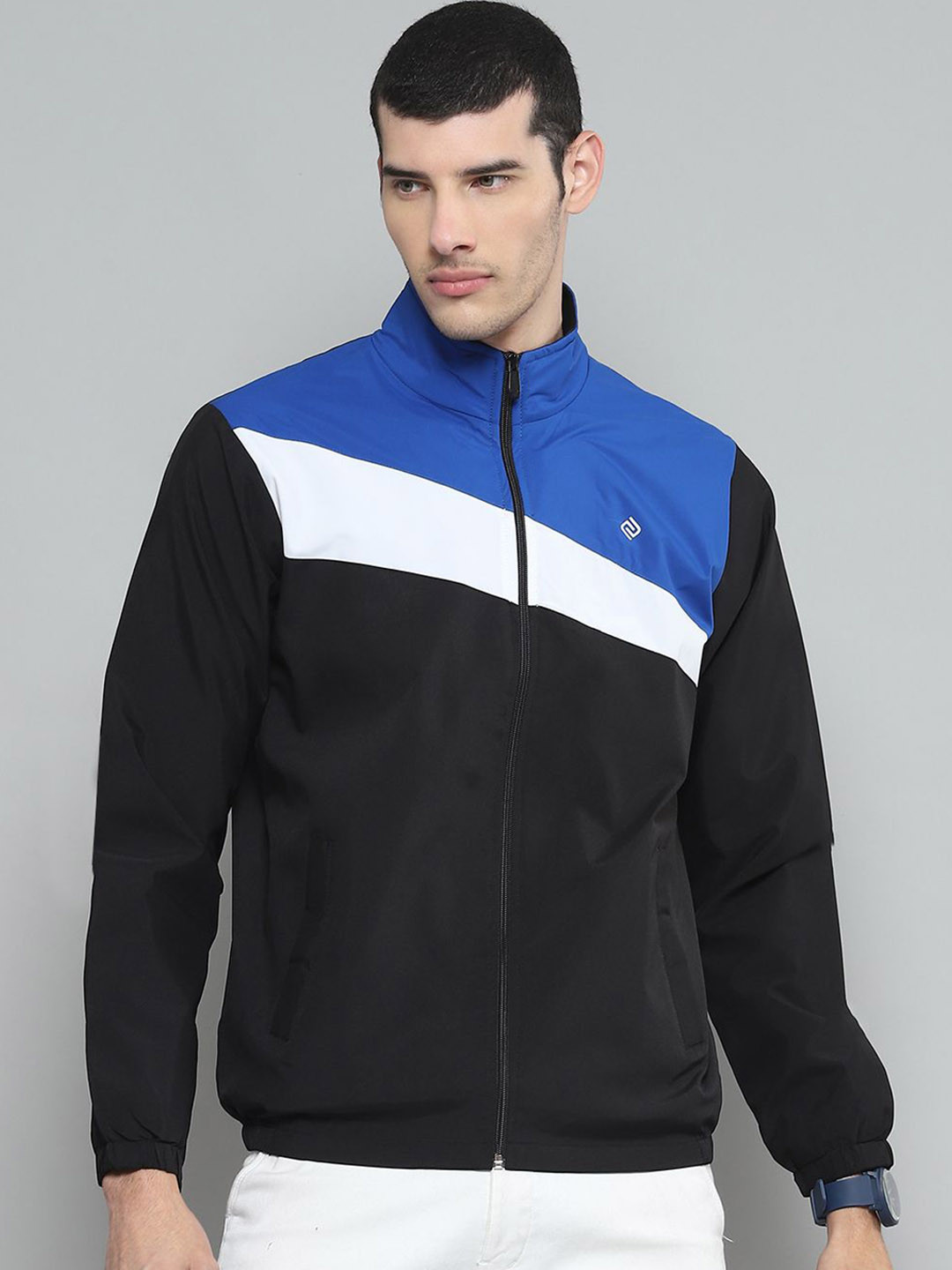 

Cloak & Decker Men Mock Collar Colourblocked Casual Bomber Lightweight Jacket, Black