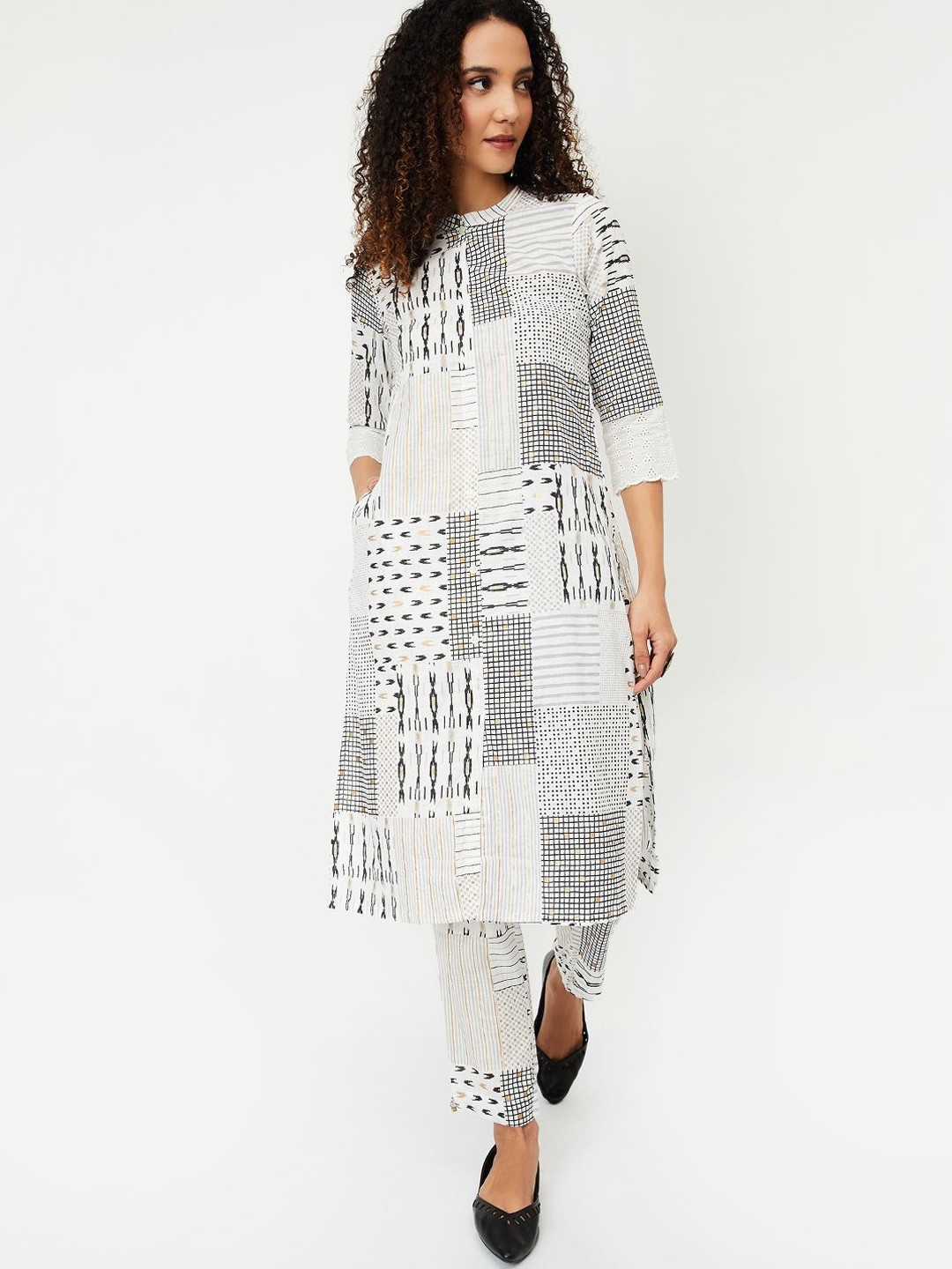 

max Geometric Printed Mandarin Collar Pure Cotton Kurta With Trouser, Off white