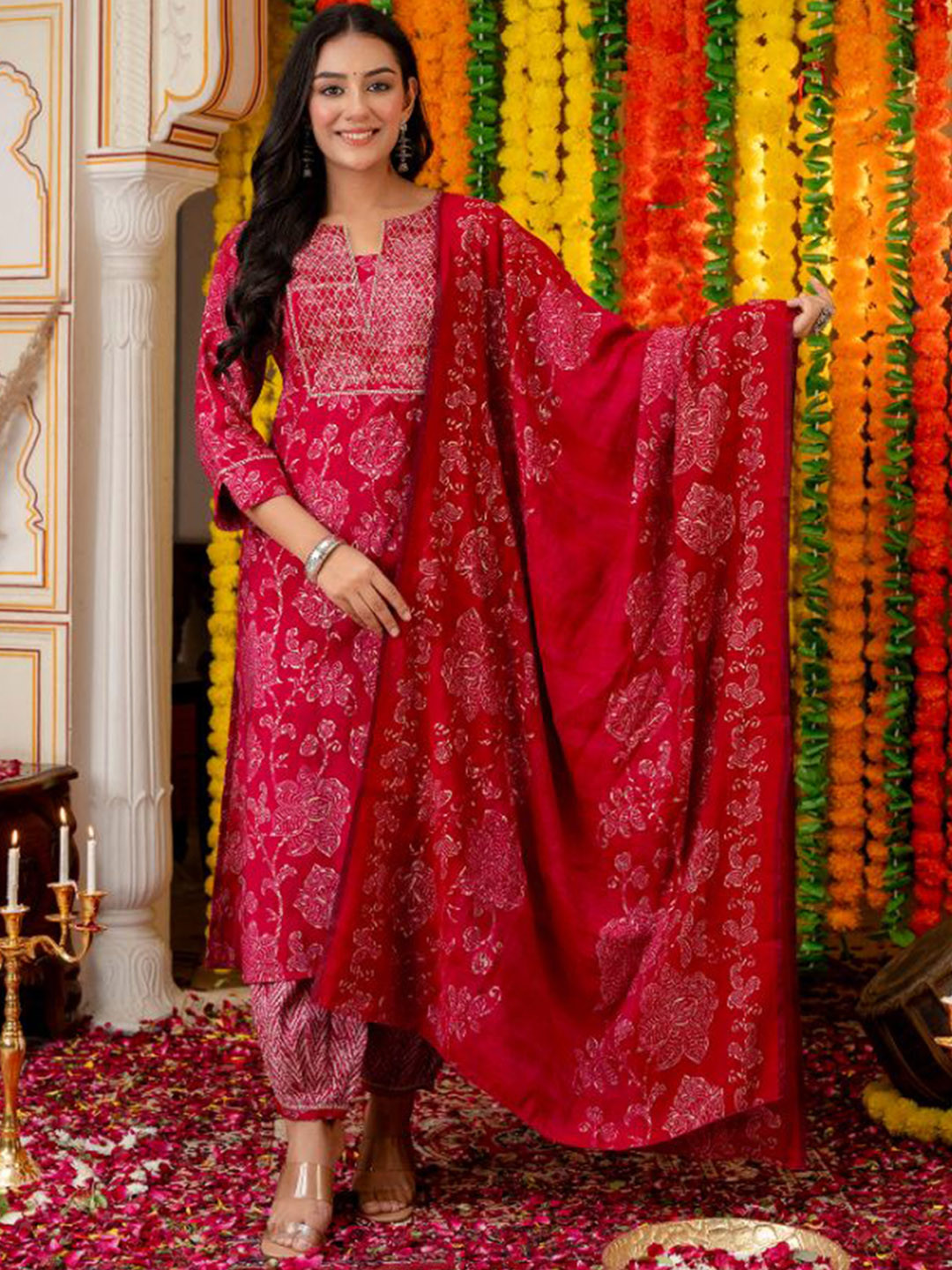 

KALINI Floral Printed Notch Neck Modal Chanderi Straight Kurta With Salwar And Dupatta, Red