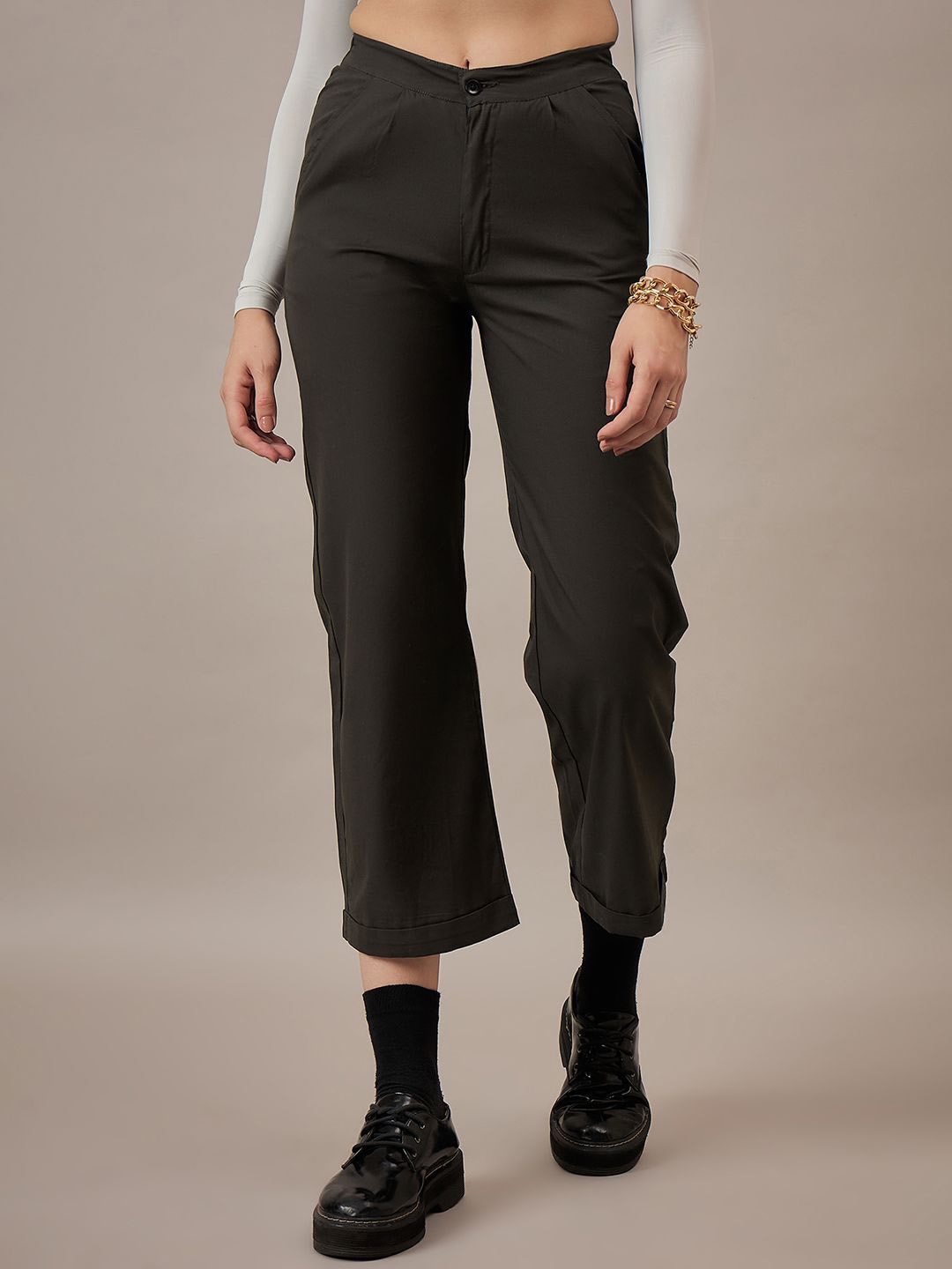 

The Roadster Lifestyle Co. Women Cotton Front Pleated Trousers, Grey