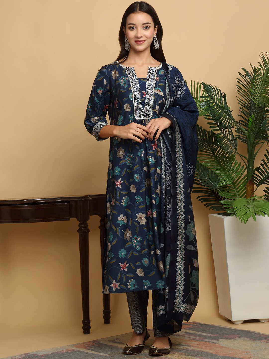 

KALINI Floral Printed Gotta Patti Chanderi Silk Straight Kurta with Trousers &Dupatta, Blue