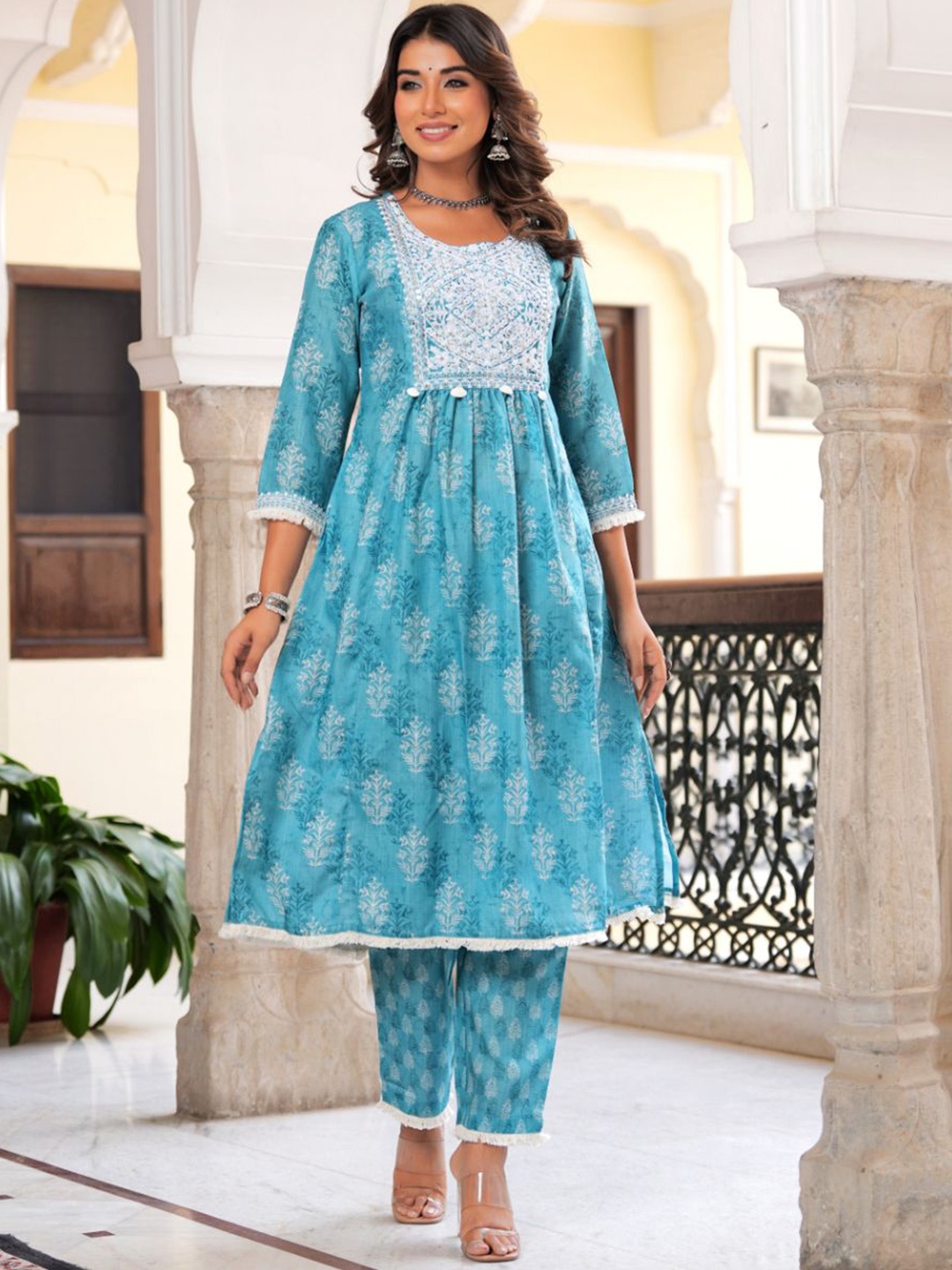 

KALINI Floral Printed Sequinned Linen Anarkali Kurta With Trousers & Dupatta, Turquoise blue