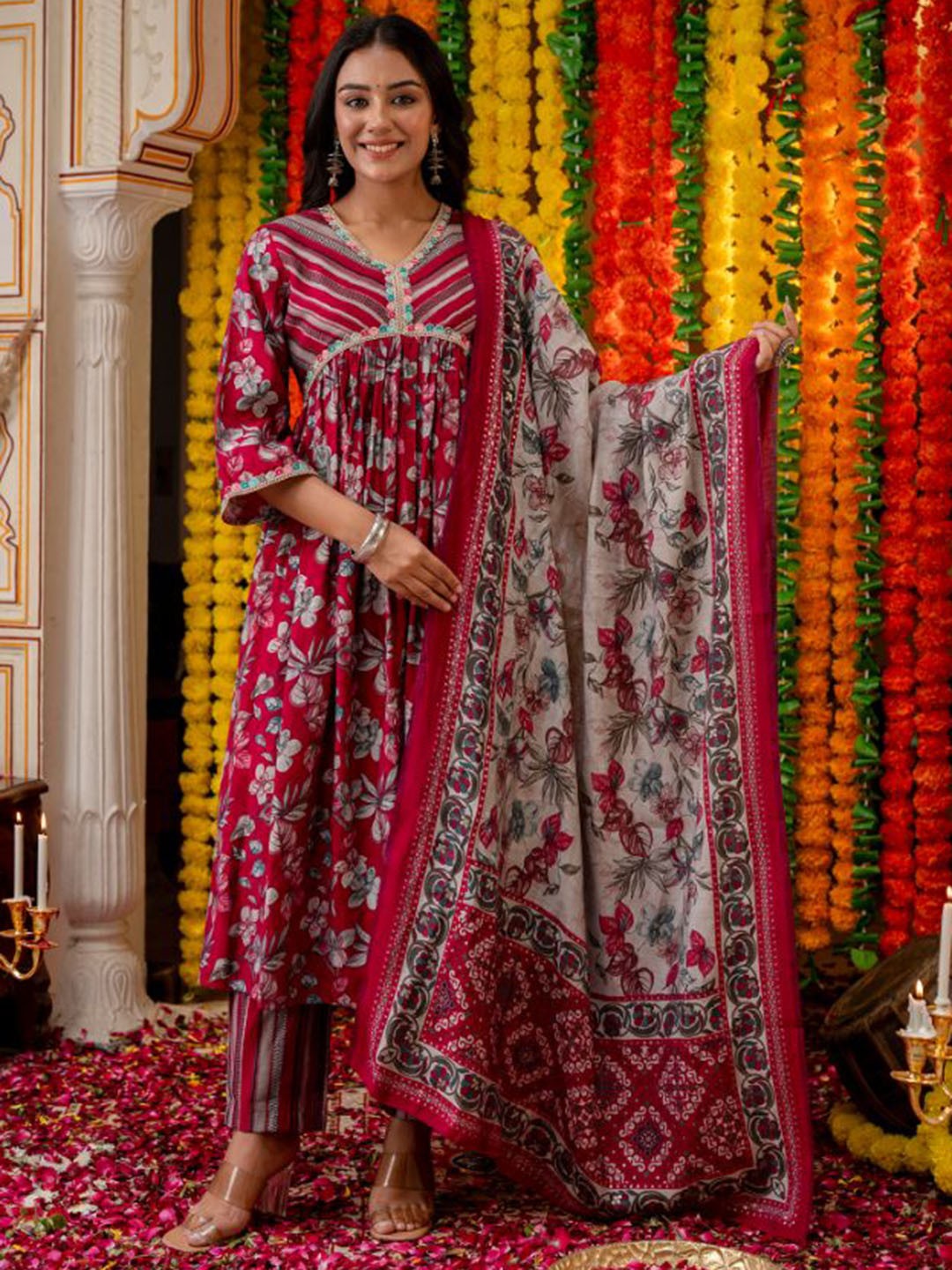 

KALINI Floral Printed Pleated Chanderi Silk Anarkali Kurta with Trousers & Dupatta, Maroon