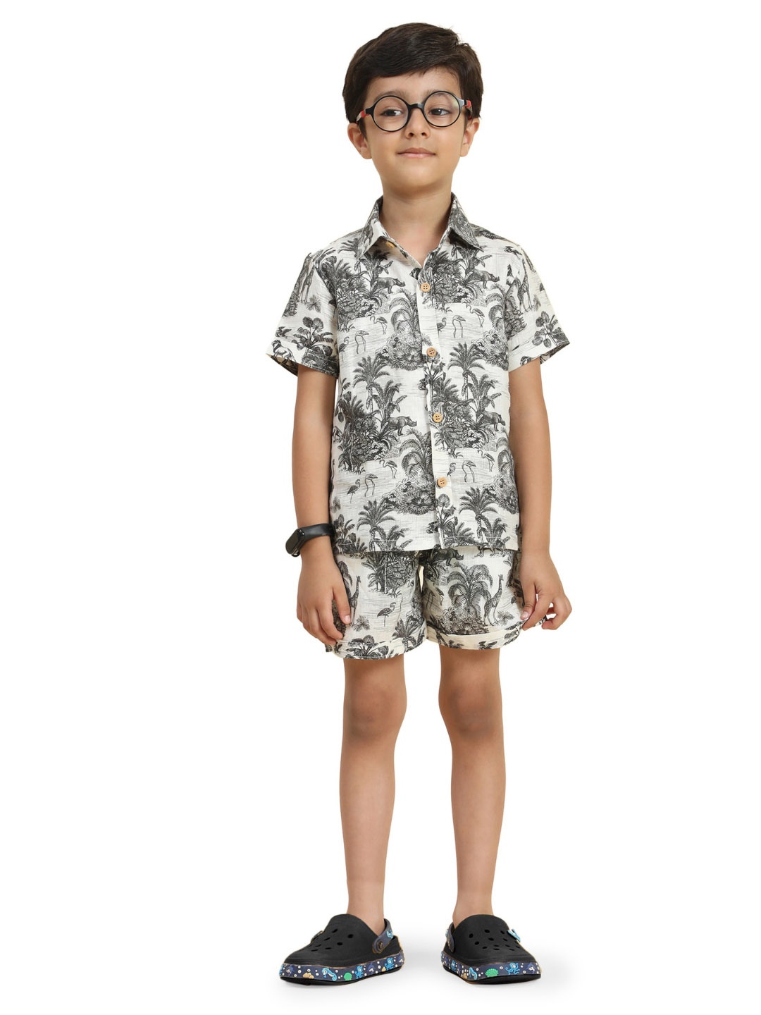 

Funny Bones Clothings Boys Printed Shirt Collar Short Sleeves Linen Shirt & Shorts, White