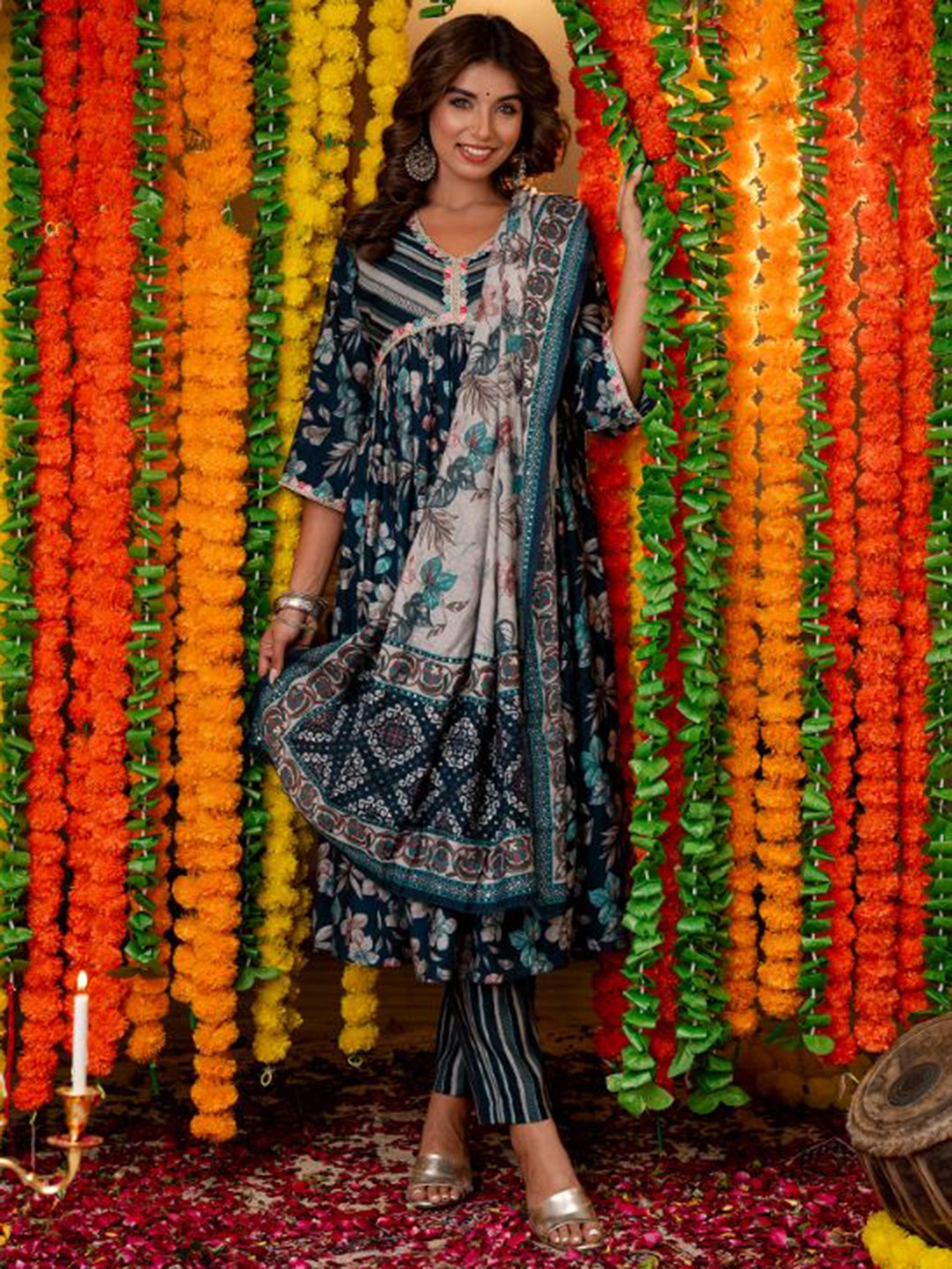 

KALINI Floral Printed V-Neck Gotta Patti Empire Chanderi Silk Anarkali Kurta Set, Blue