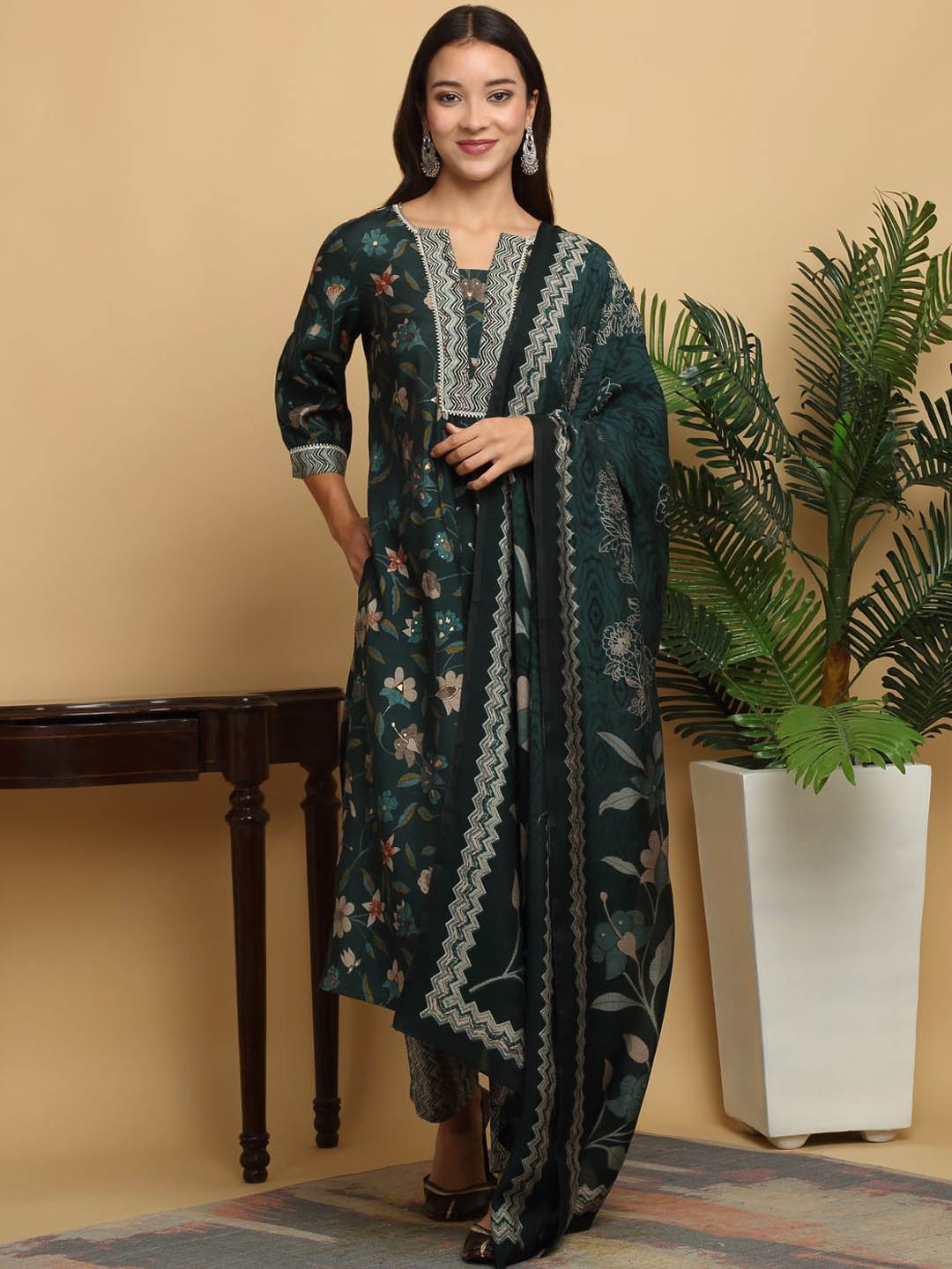 

KALINI Floral Printed Notch Neck Modal Chanderi Straight Kurta With Trousers And Dupatta, Navy blue
