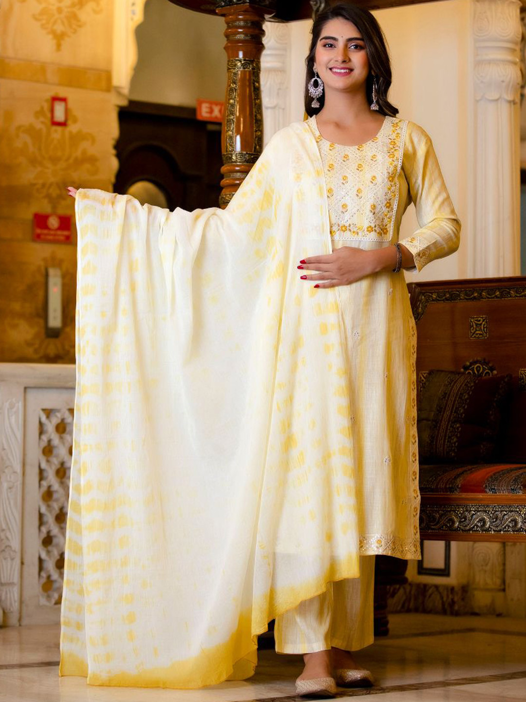 

KALINI Floral Embroidered Sequinned Straight Kurta With Trousers & Dupatta, Yellow
