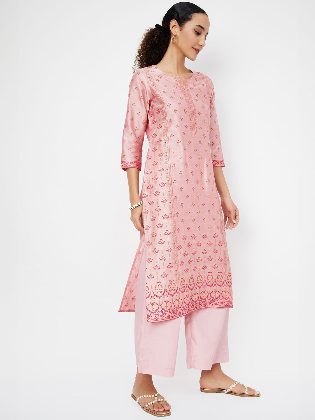 

max Floral Printed Notch Neck Straight Kurta With Palazzo, Pink