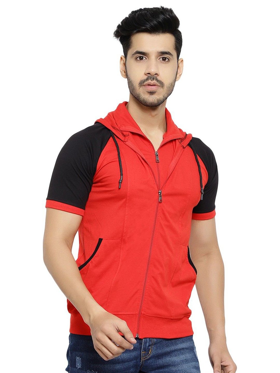 

Black Collection Men Colourblocked Hooded Front Open Sweatshirt, Red