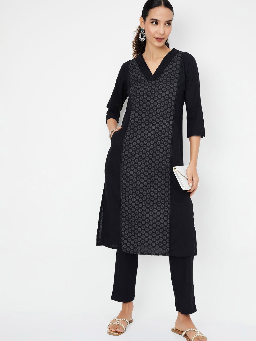 

max Floral Printed V-Neck Straight Pure Cotton Kurta With Trouser, Black