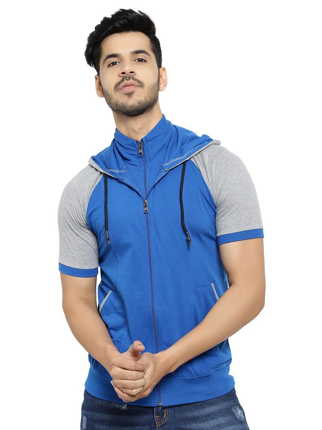 

Black Collection Men Colourblocked Hooded Raglan Sleeves Casual T-shirt, Blue