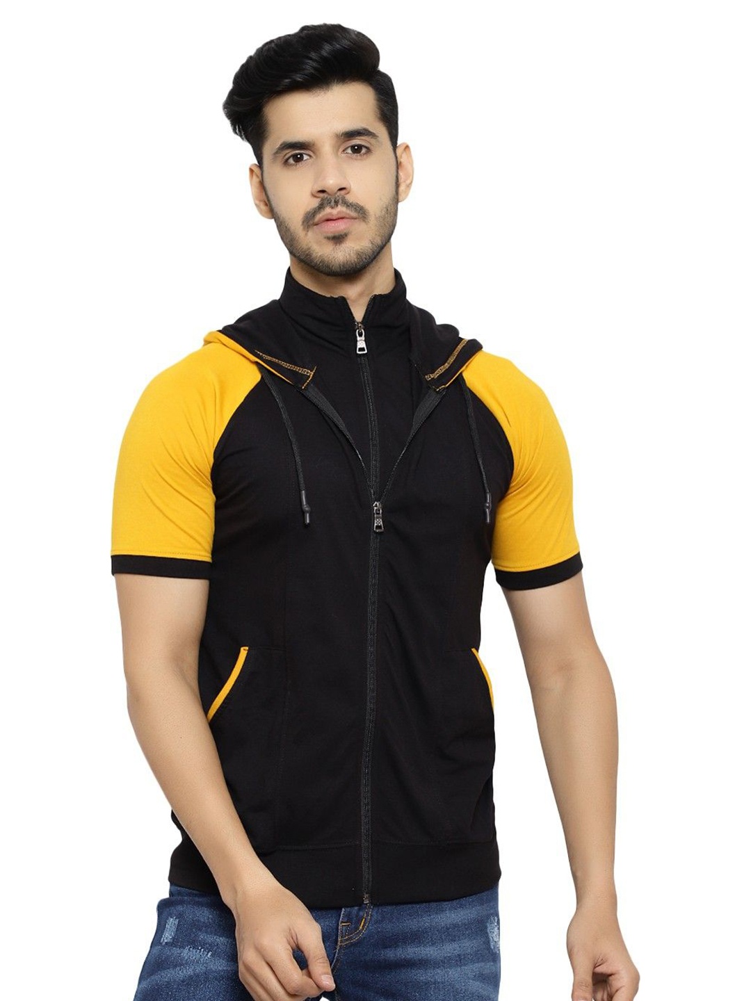 

Black Collection Men Colourblocked Hooded Raglan Sleeves Casual T-shirt