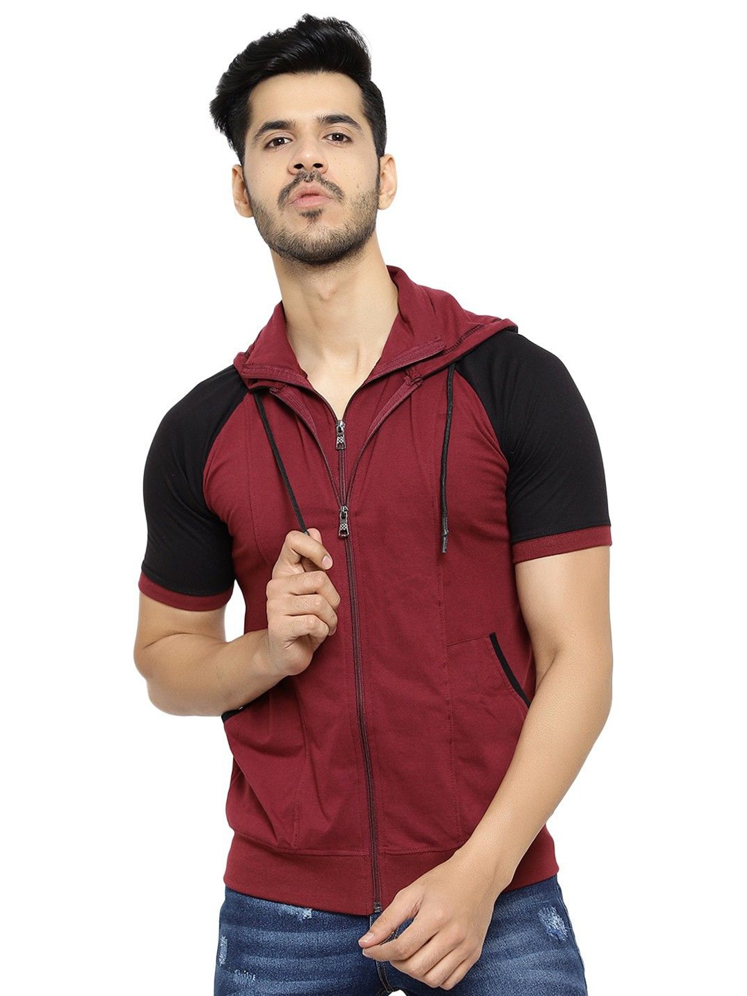 

Black Collection Men Colourblocked Hooded Raglan Sleeves Casual T-shirt, Maroon