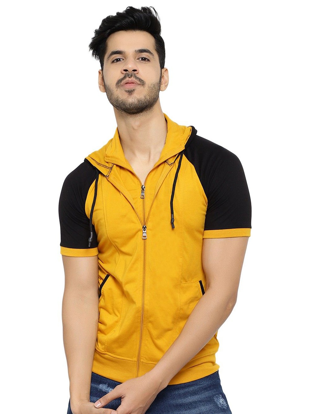 

Black Collection Men Colourblocked Hooded Front Open Sweatshirt, Mustard