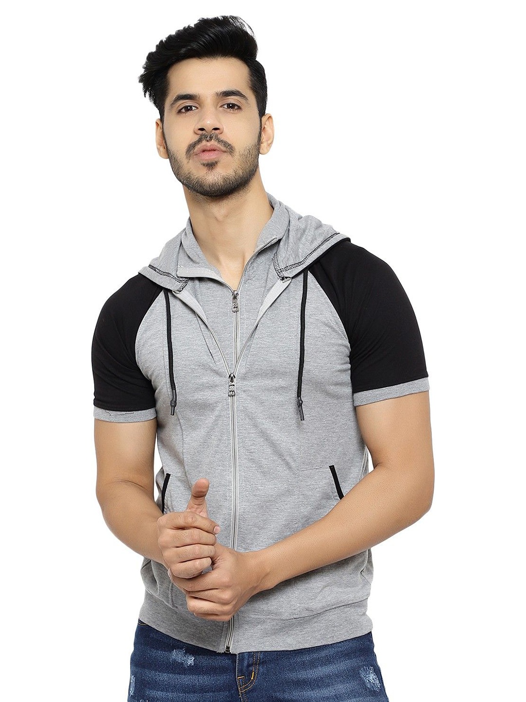 

Black Collection Men Colourblocked Hooded Raglan Sleeves Casual T-shirt, Grey