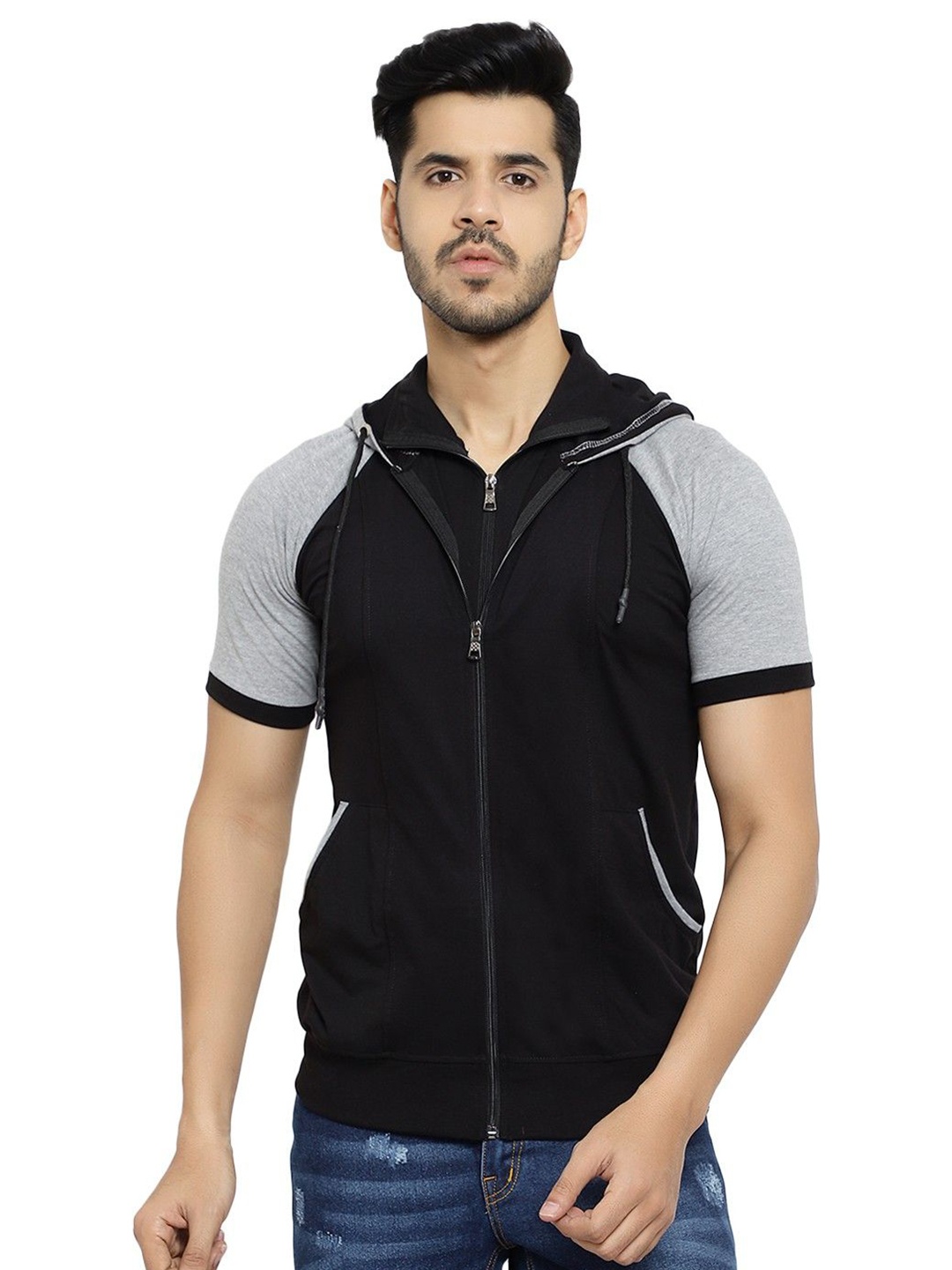 

Black Collection Men Colourblocked Hooded Raglan Sleeves Casual T-shirt