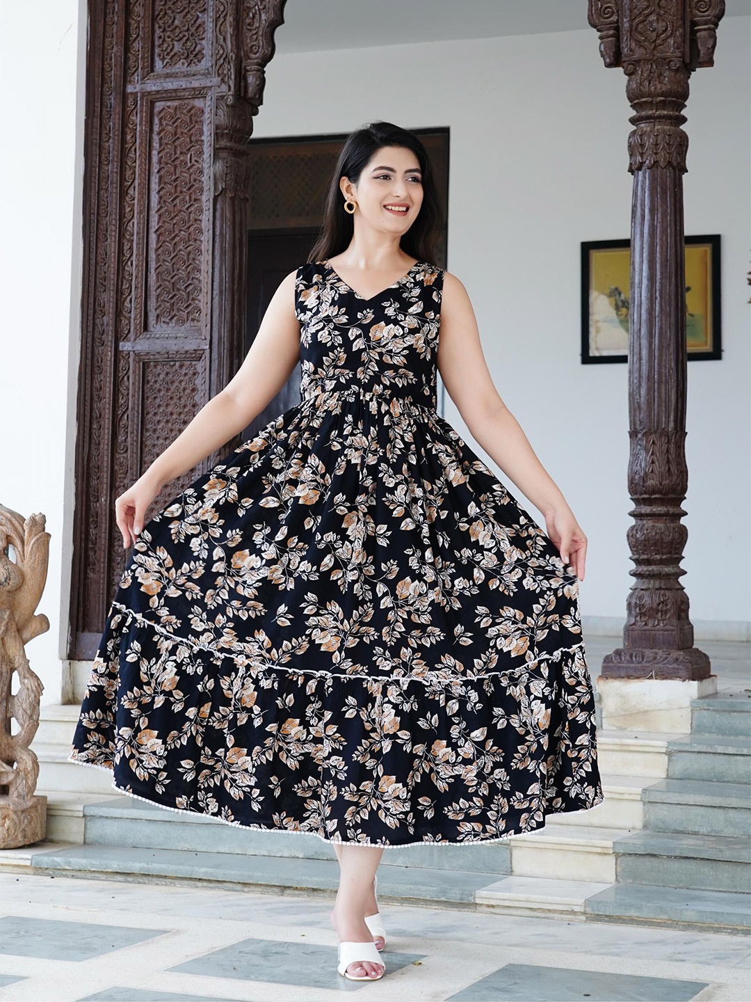 

Mintmarie Floral Printed Tiered Fit & Flare Midi Dress, Black