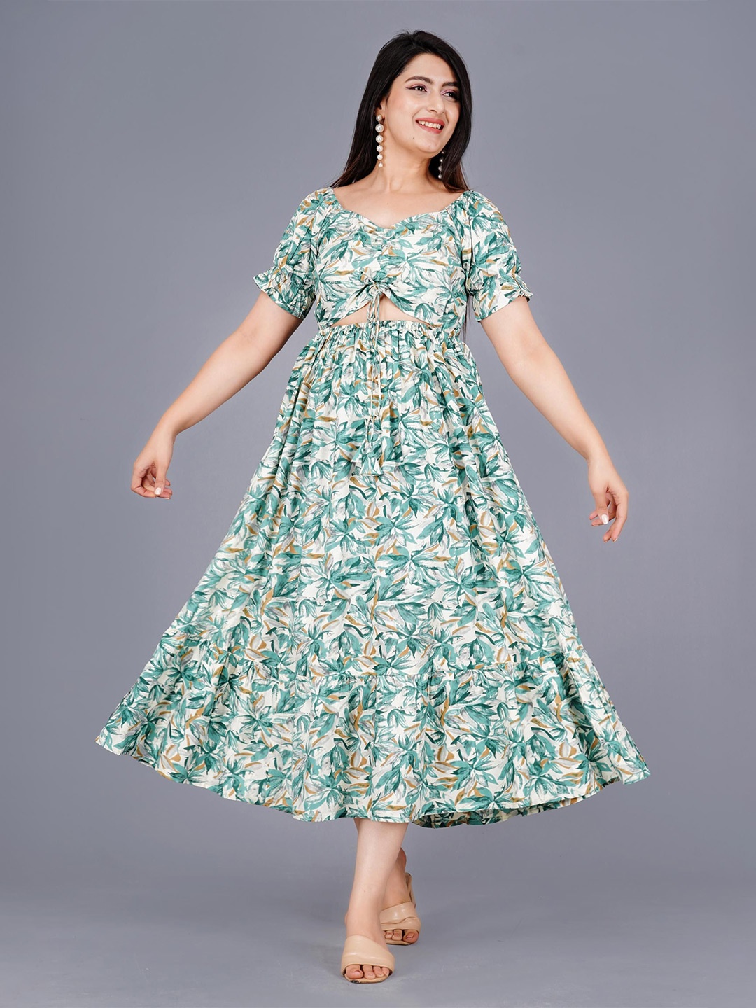 

Mintmarie Women Floral Print Fit & Flare Midi Dress, Green