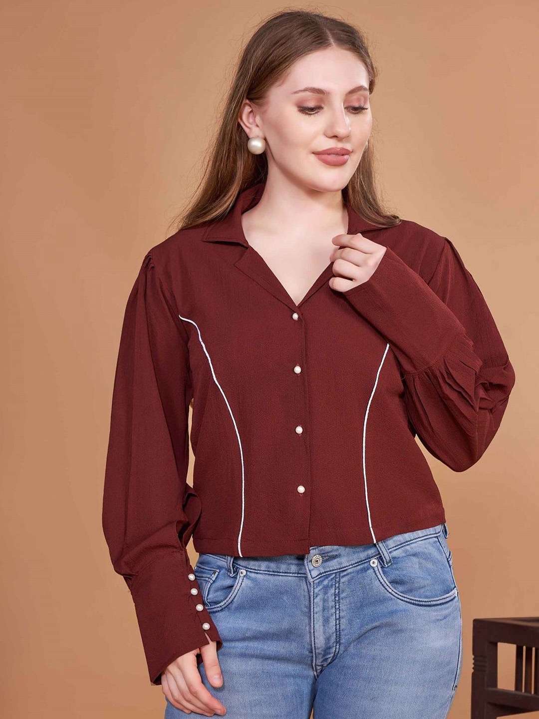 

Fashion Ritmo Women Ethnic Crepe Shirt Style Crop Top, Maroon
