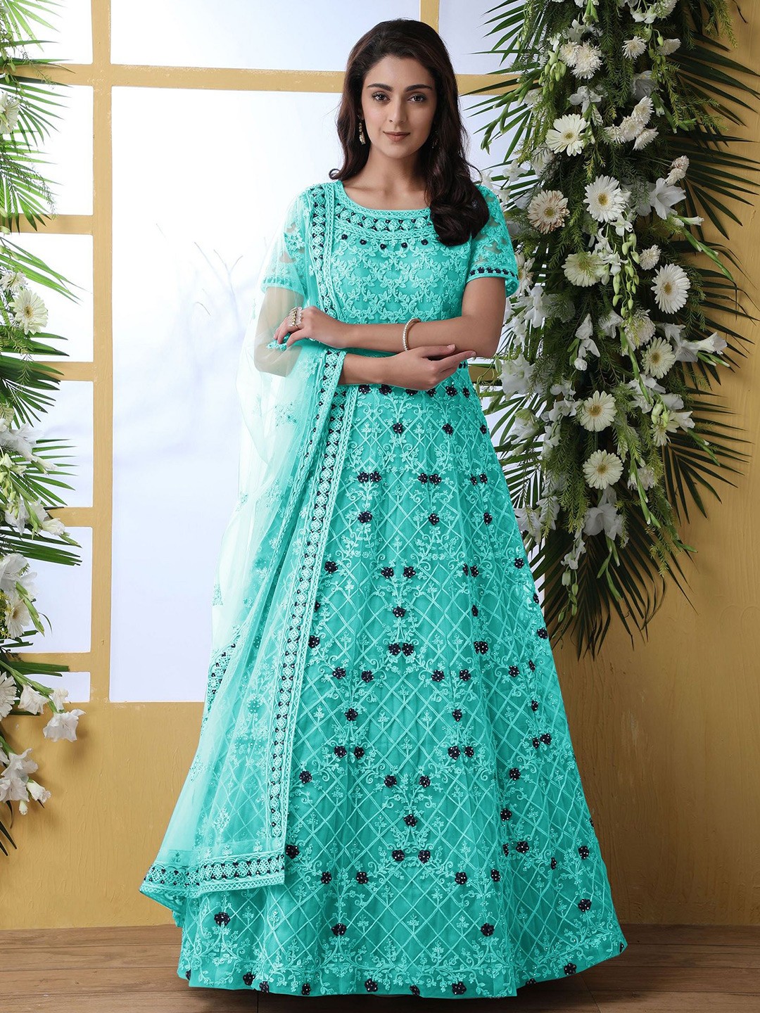 

JULEE Floral Embroidered Net Gown Ethnic Dress With Dupatta, Turquoise blue