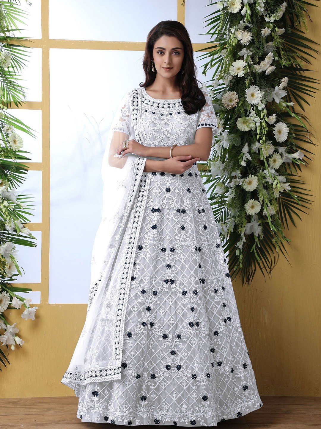 

JULEE Women Floral Embroidered Net Fit & Flare Maxi Dress, White