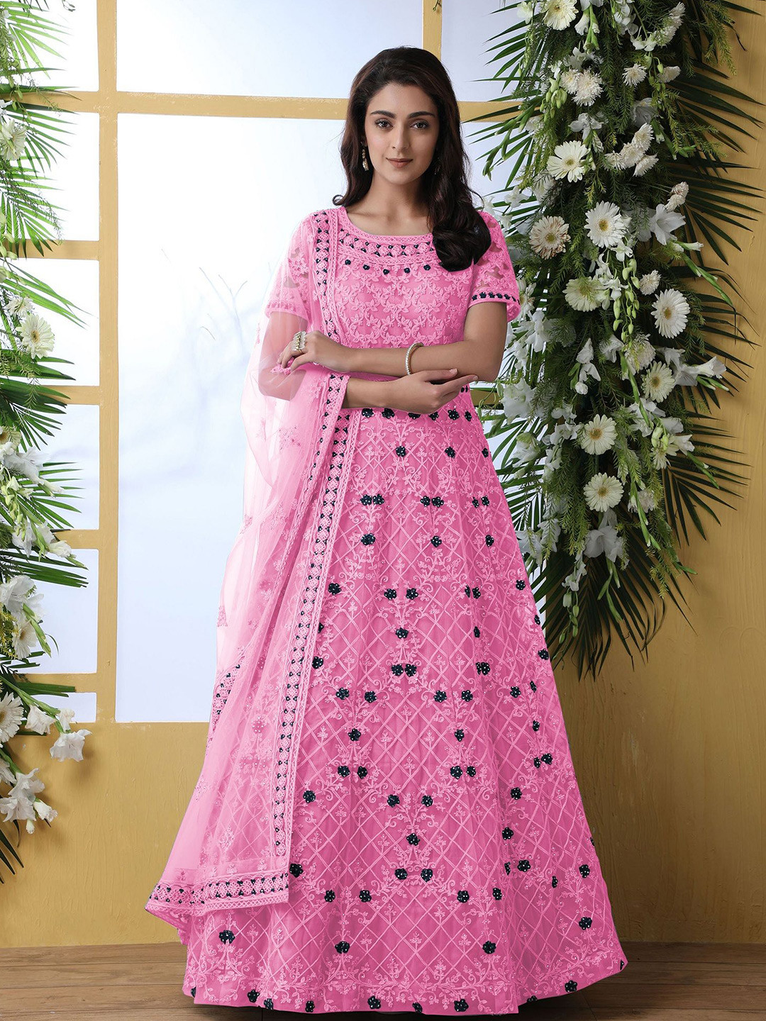 

JULEE Floral Embroidered Net Fit & Flare Maxi Ethnic Dress, Pink