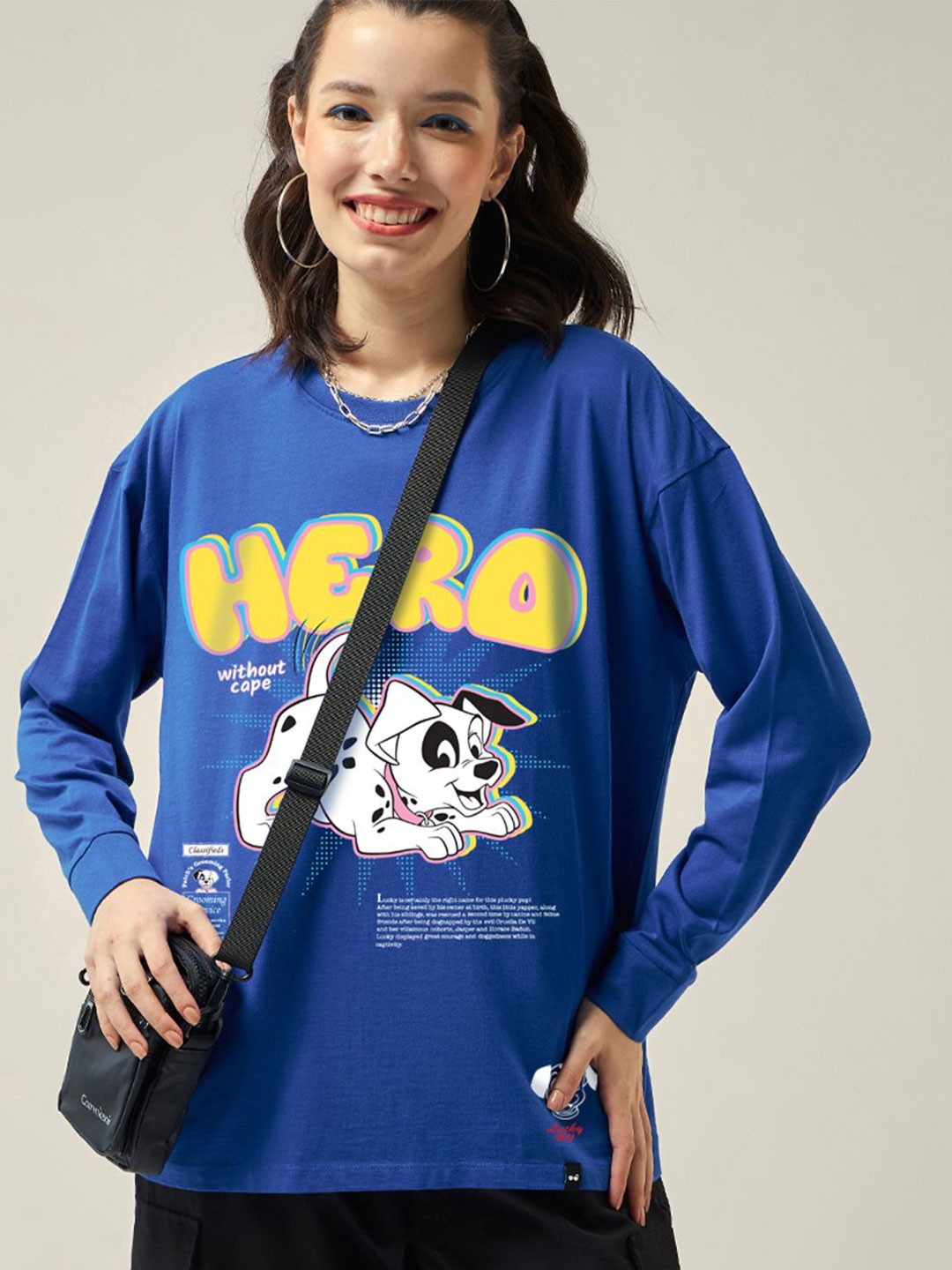 

Bewakoof Women 101 Dalmatians Graphic Printed Round Neck Cotton Oversized T-shirt, Blue