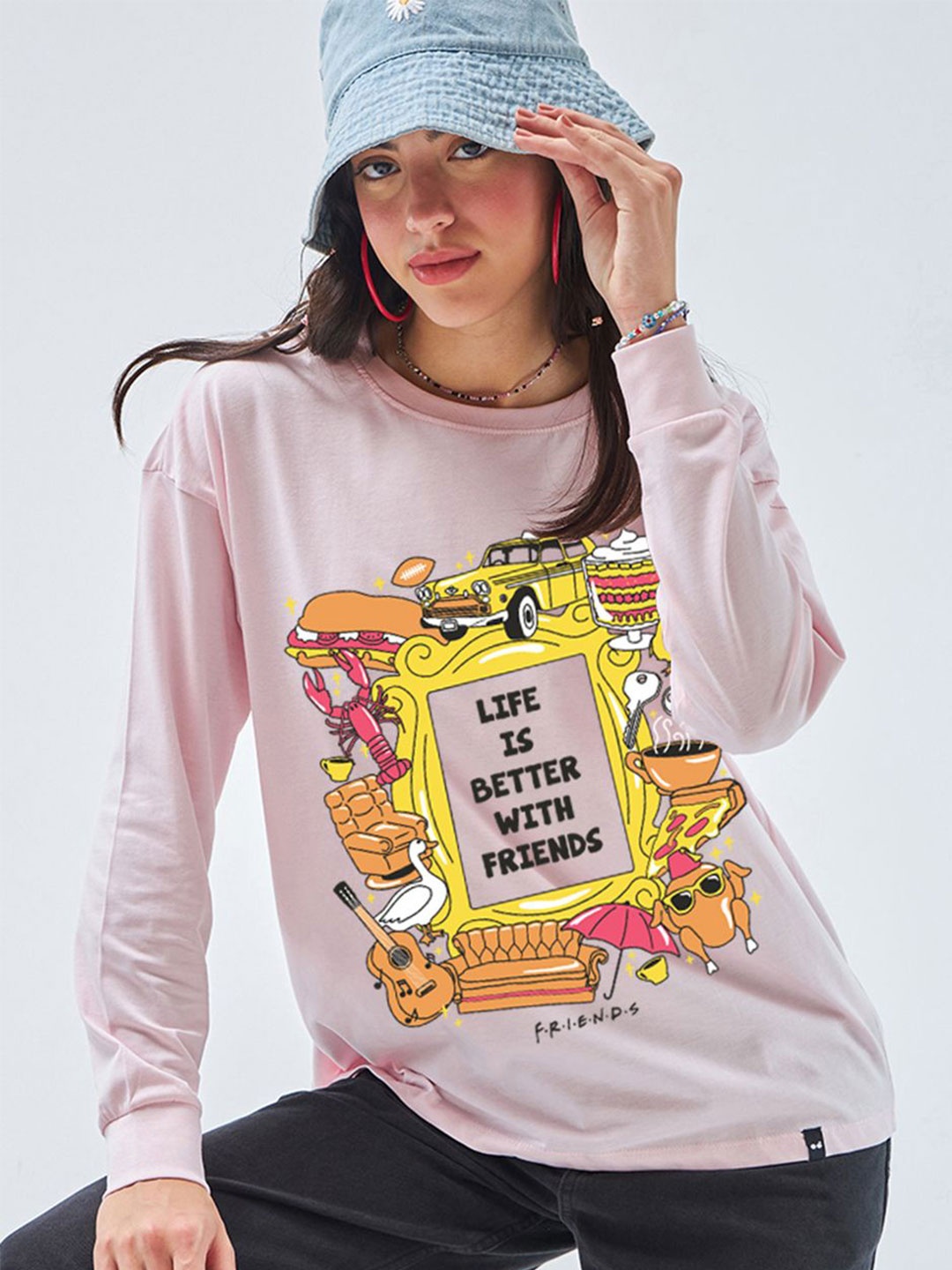 

Bewakoof Women Friends Typography Printed Round Neck Cotton Oversized T-shirt, Pink