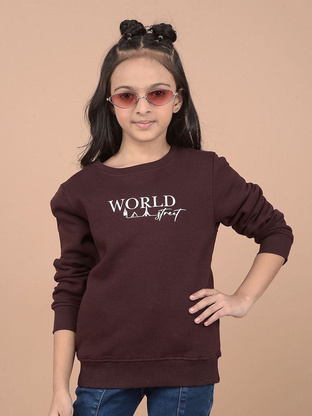 

Crimsoune Club Girls Typography Printed Round Neck Sweatshirt, Brown