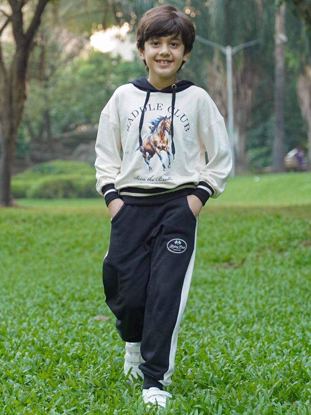 

Nap Chief Kids Saddle Club Embroidered Pure Cotton Oversized Hooded Sweatshirt & Joggers, White