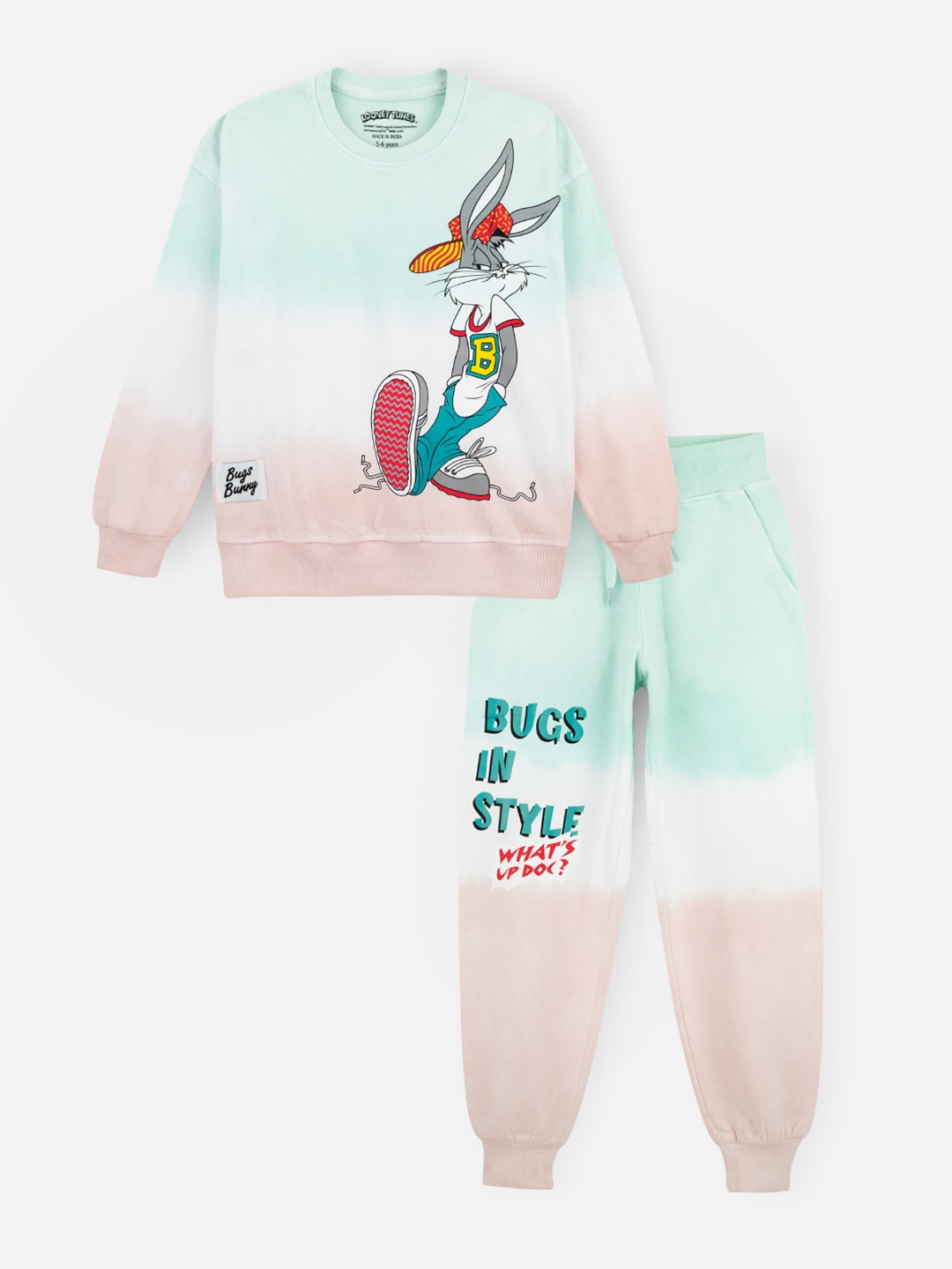 

Nap Chief Kids Unisex Bugs Bunny Printed Pure Cotton Oversized Sweatshirt with Joggers, Sea green