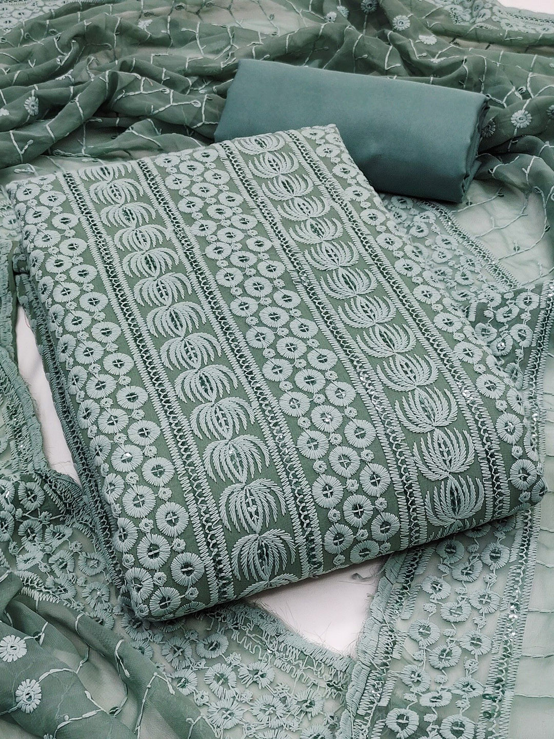 

LeeliPeeri Designer Floral Embroidered Chikankari Soft Georgette Unstitched Dress Material, Teal